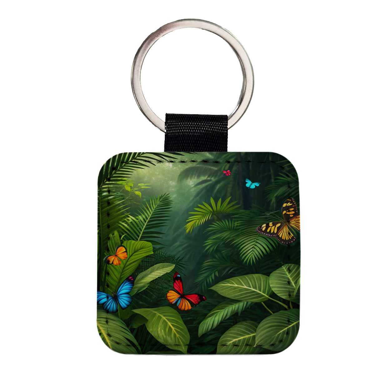 Butterflies In Jungle Colorful Square Faux Leather Keychain