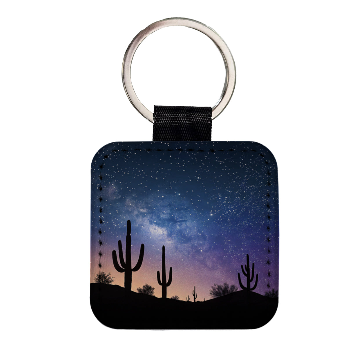 Cactus Silhouettes Starry Sky Silhouettes Shadows Mysterious Square Faux Leather Keychain