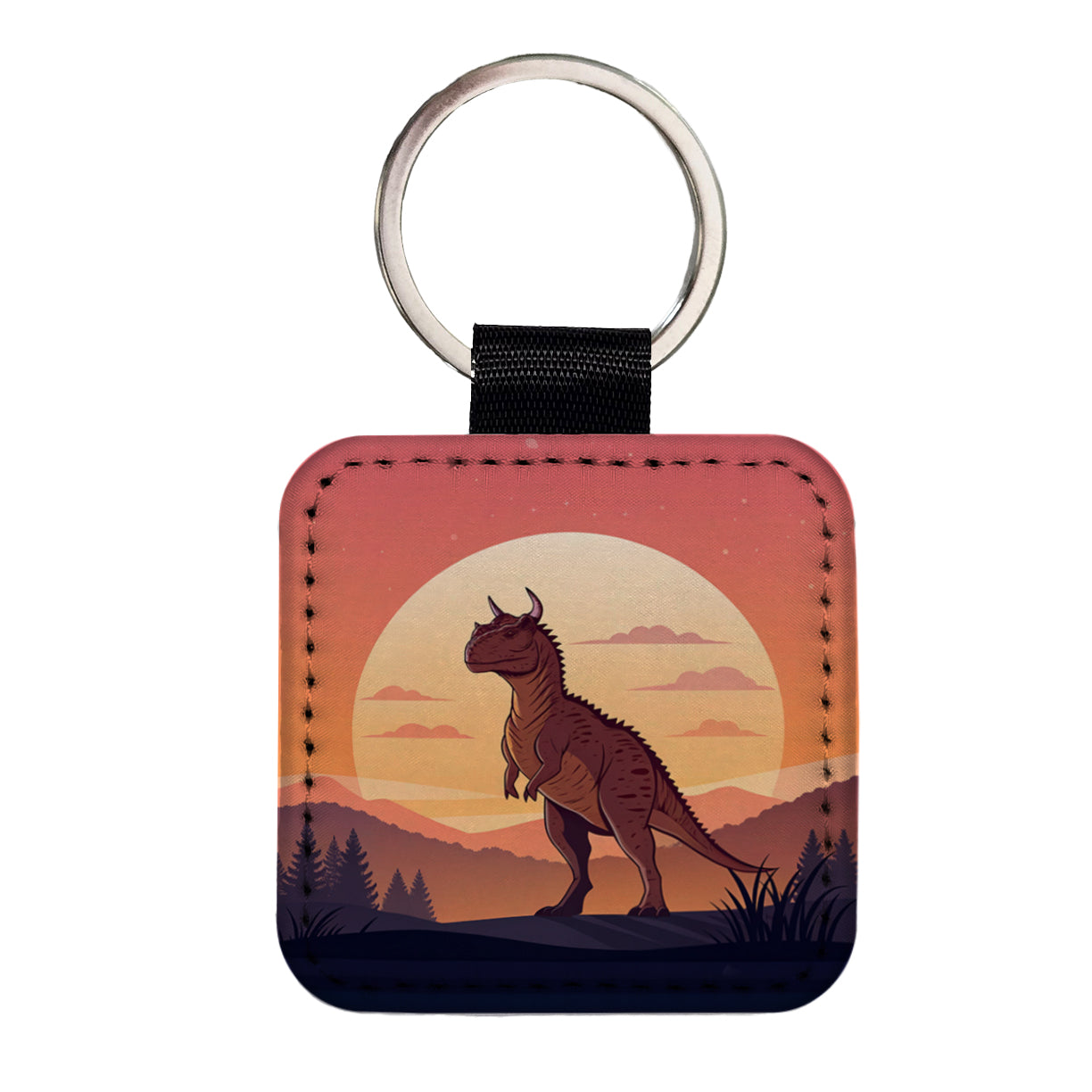 Carnotaurus Sunset Dinosaur Square Faux Leather Keychain