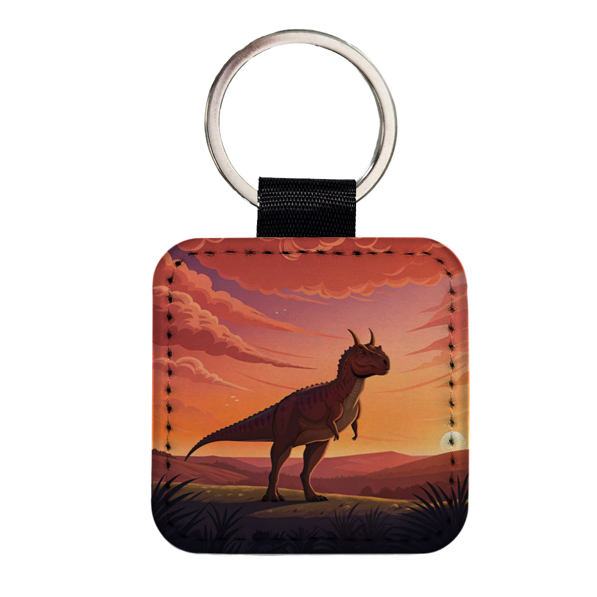 Carnotaurus Sunset Standing Dinosaur Square Faux Leather Keychain