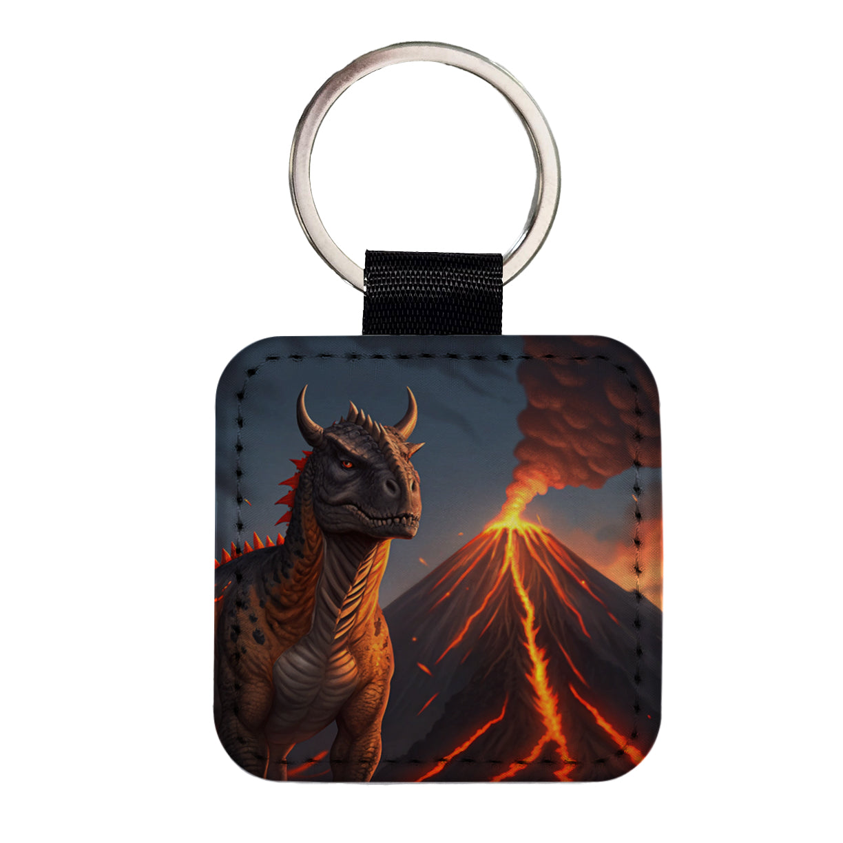 Carnotaurus Volcano Dinosaur Square Faux Leather Keychain