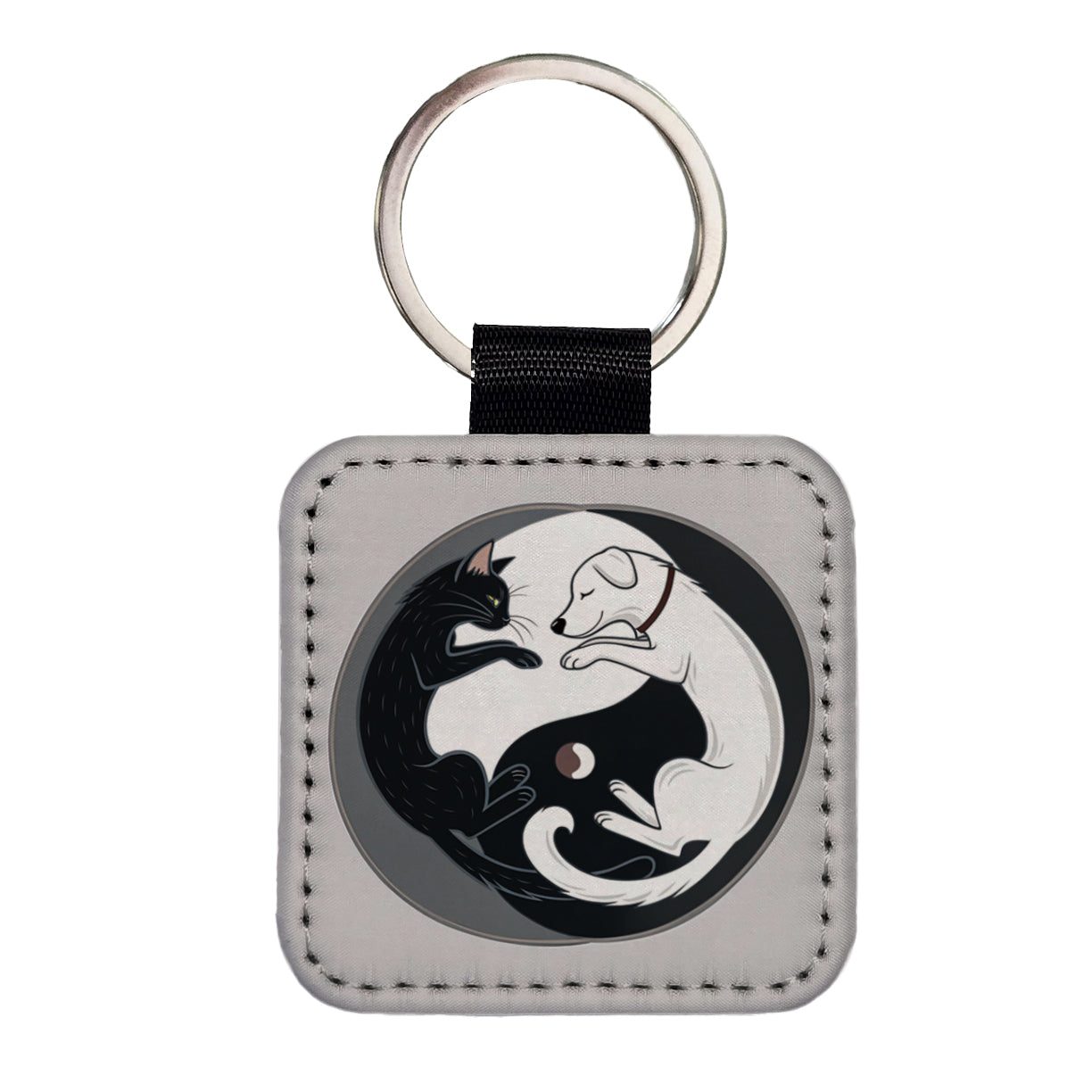 Cat Dog Black White Swirling Yin Yang Square Faux Leather Keychain