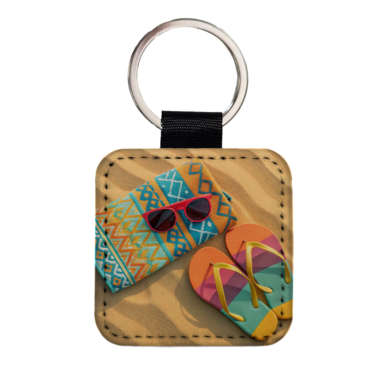 Colorful Sunglasses Flip Flops Towel On Sandy Beach Square Faux Leather Keychain