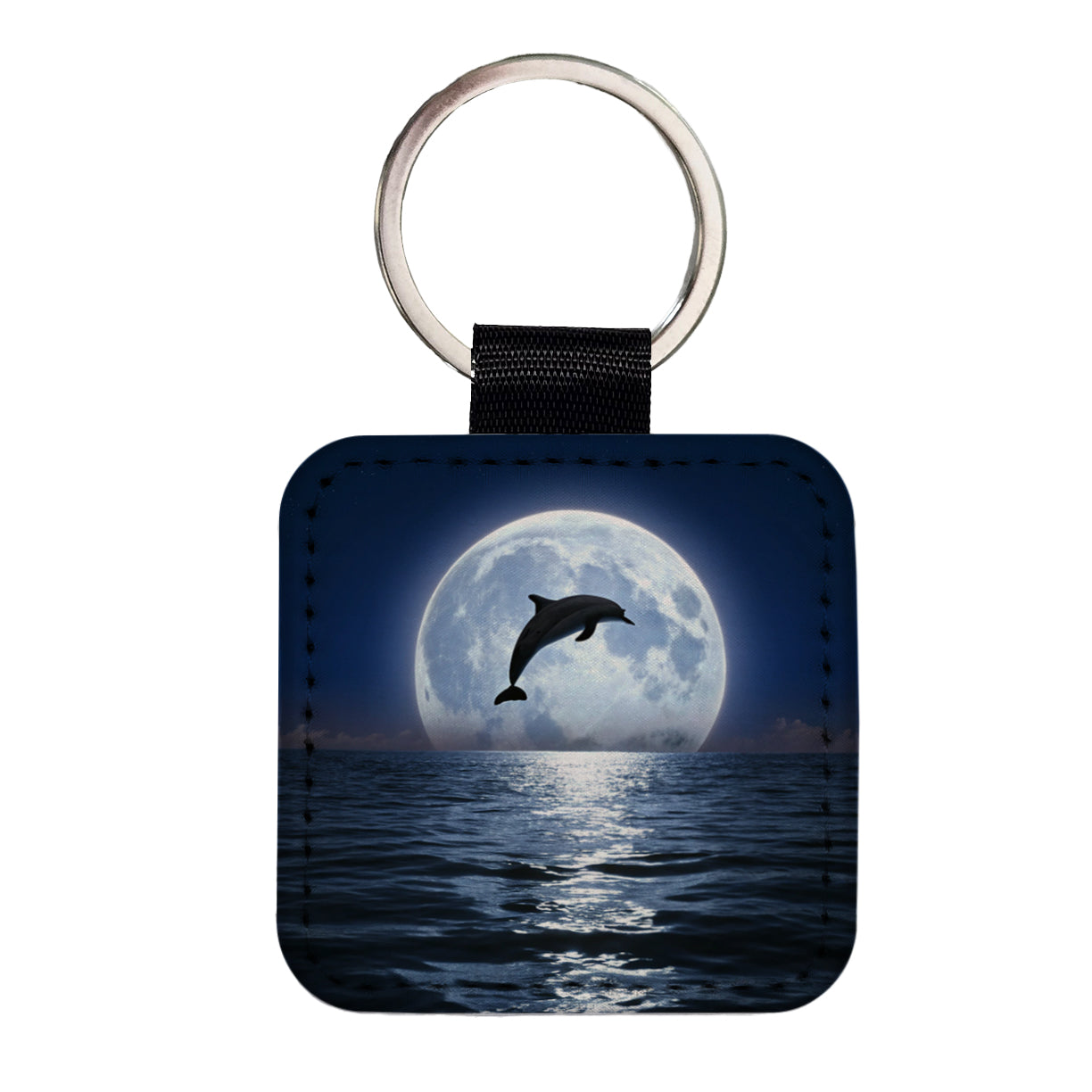 Dolphin Leaping Over Ocean Sea Full Moon Square Faux Leather Keychain