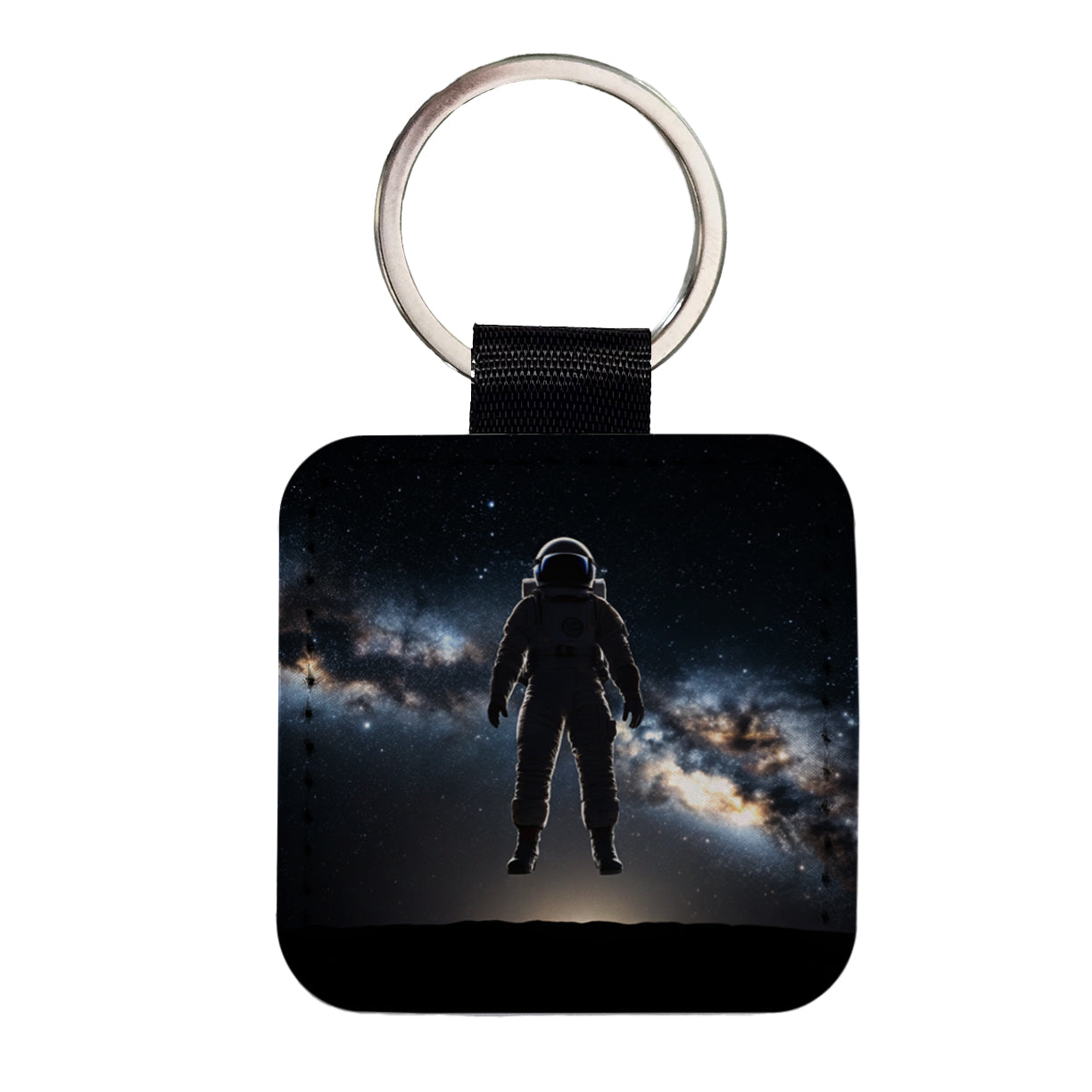 Floating Astronaut Silhouette In Space Square Faux Leather Keychain