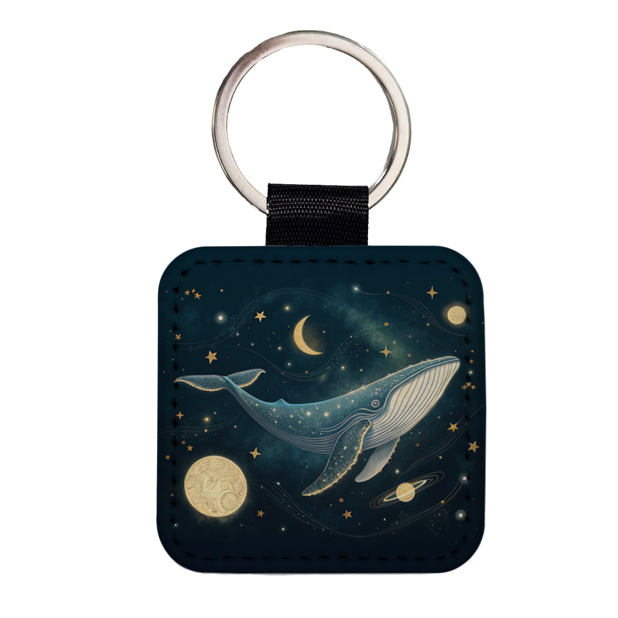 Giant Whale Floating In Space Square Faux Leather Keychain