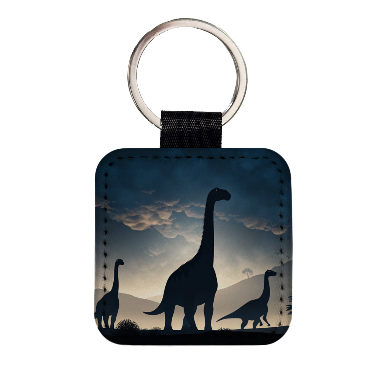 Gigantosaurus Sauropods Silhouettes Night Dinosaurs Square Faux Leather Keychain
