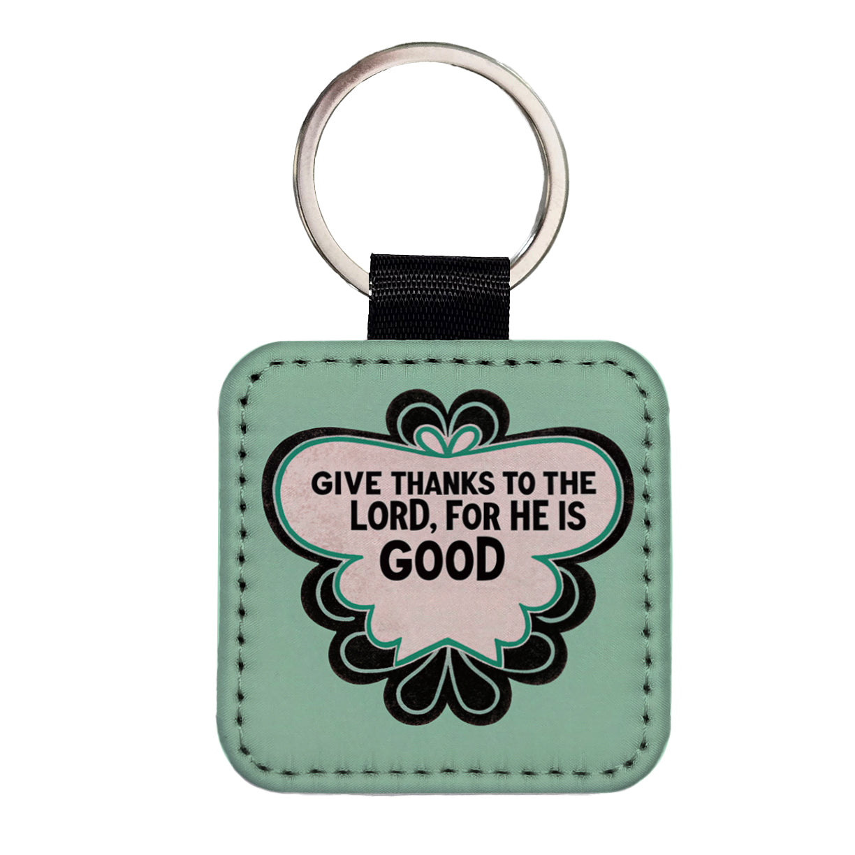 Give Thanks To The Lord For He Is Good Psalm Bible Verse Christian Square Faux Leather Keychain