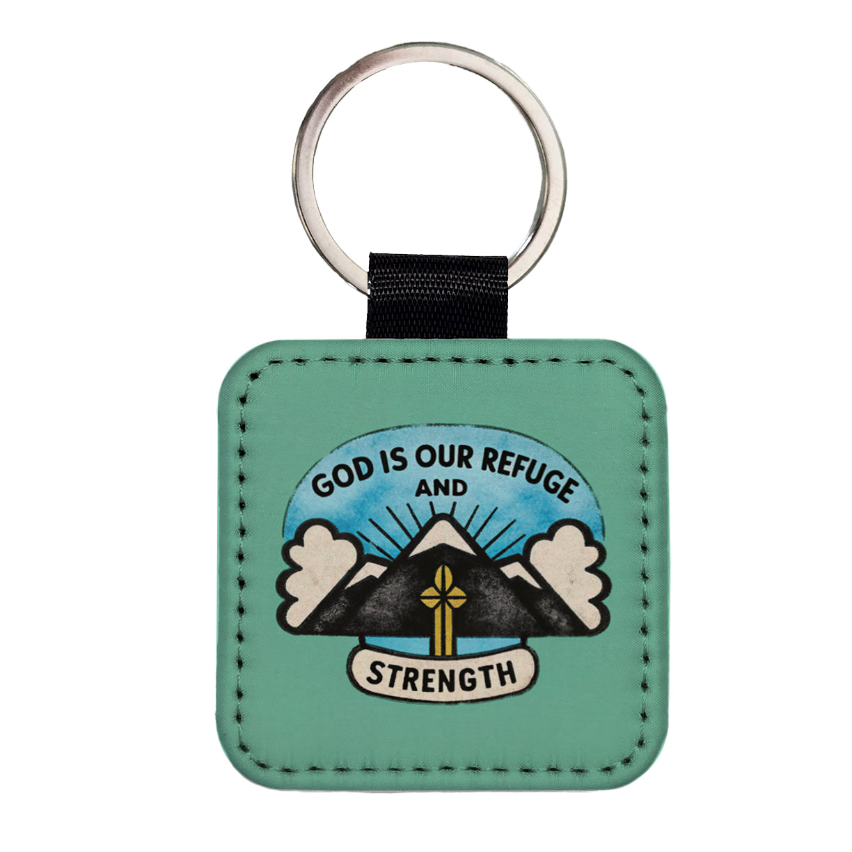 God Is Our Refuge And Strength Bible Verse Square Faux Leather Keychain