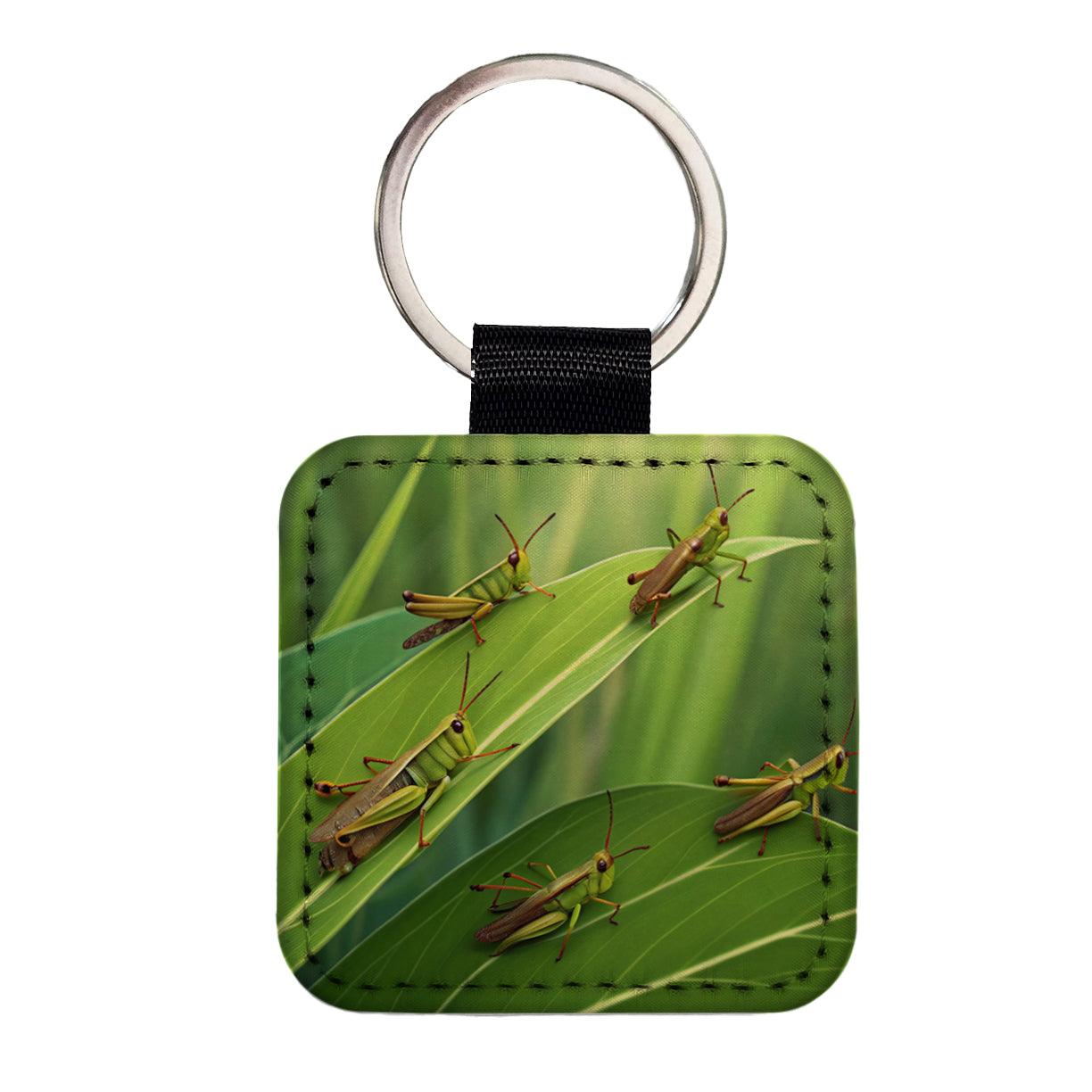 Grasshoppers On Leaves Square Faux Leather Keychain