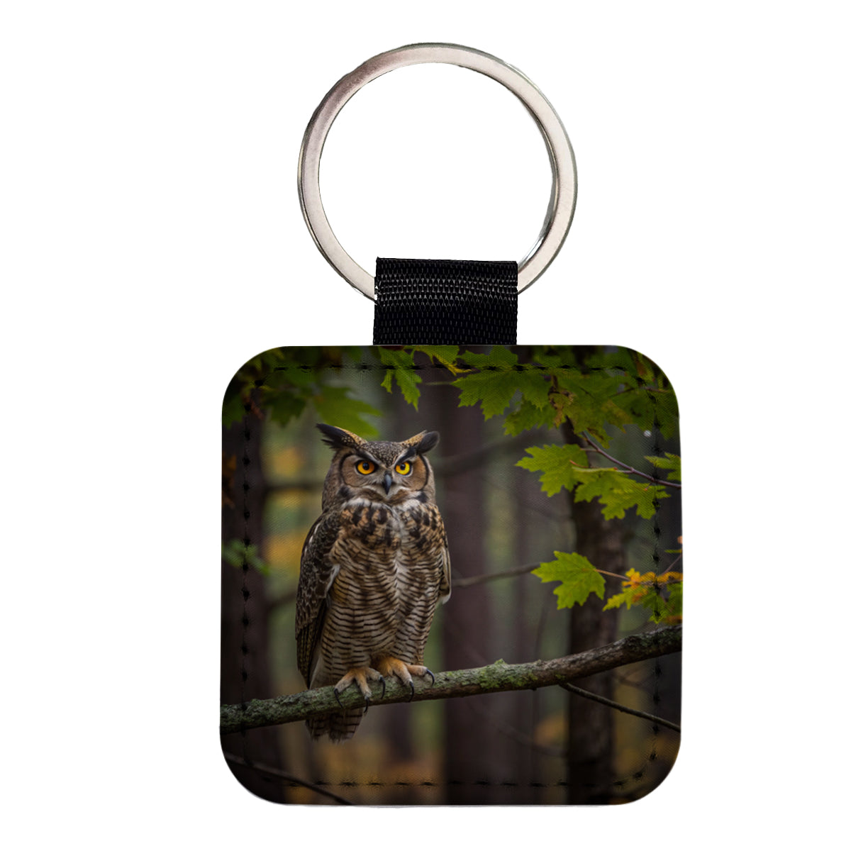 Great Horned Owl In Forest Square Faux Leather Keychain