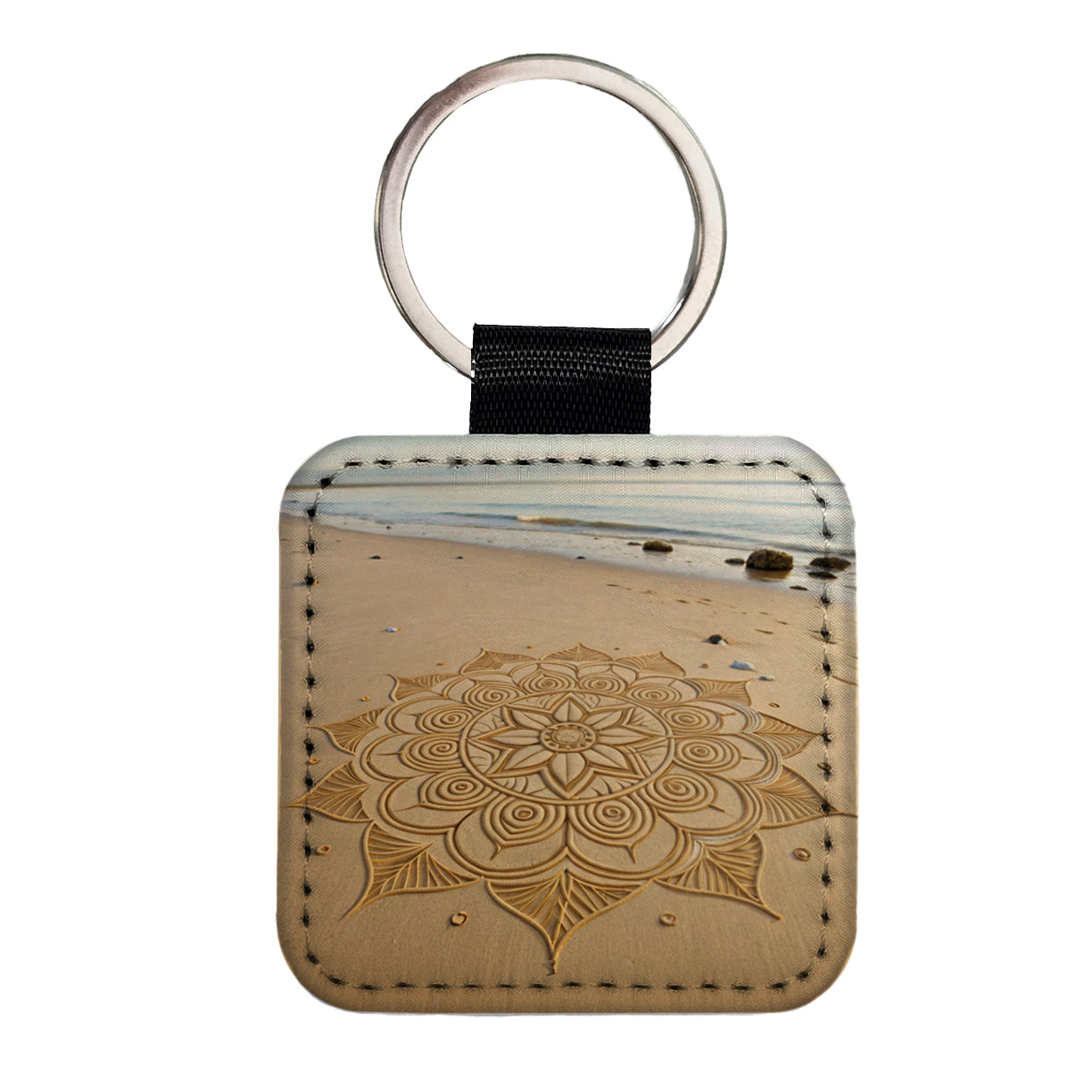 Mandala Pattern Drawn Into Beach Sand Square Faux Leather Keychain