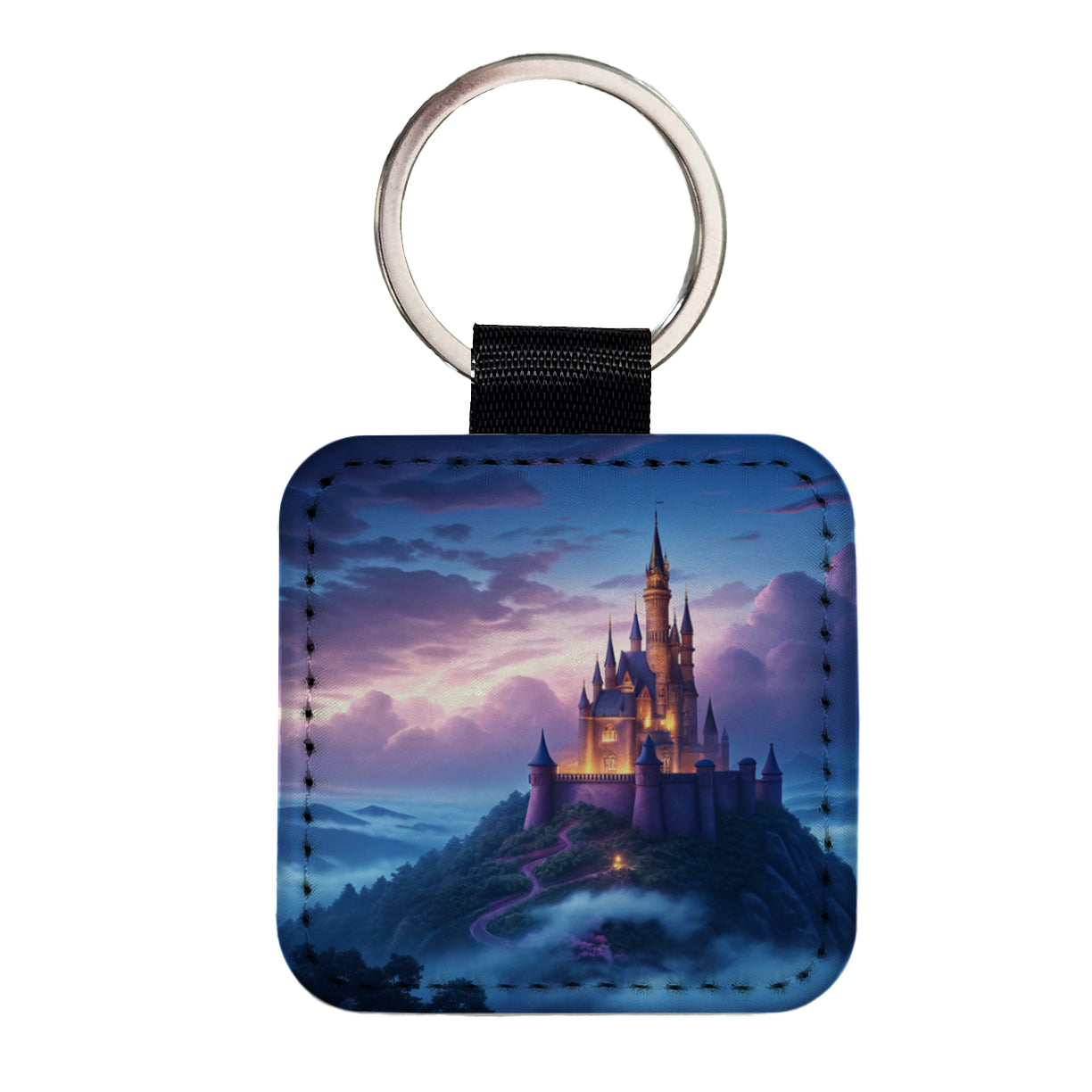 Mountaintop Castle Beautiful Fantasy Square Faux Leather Keychain