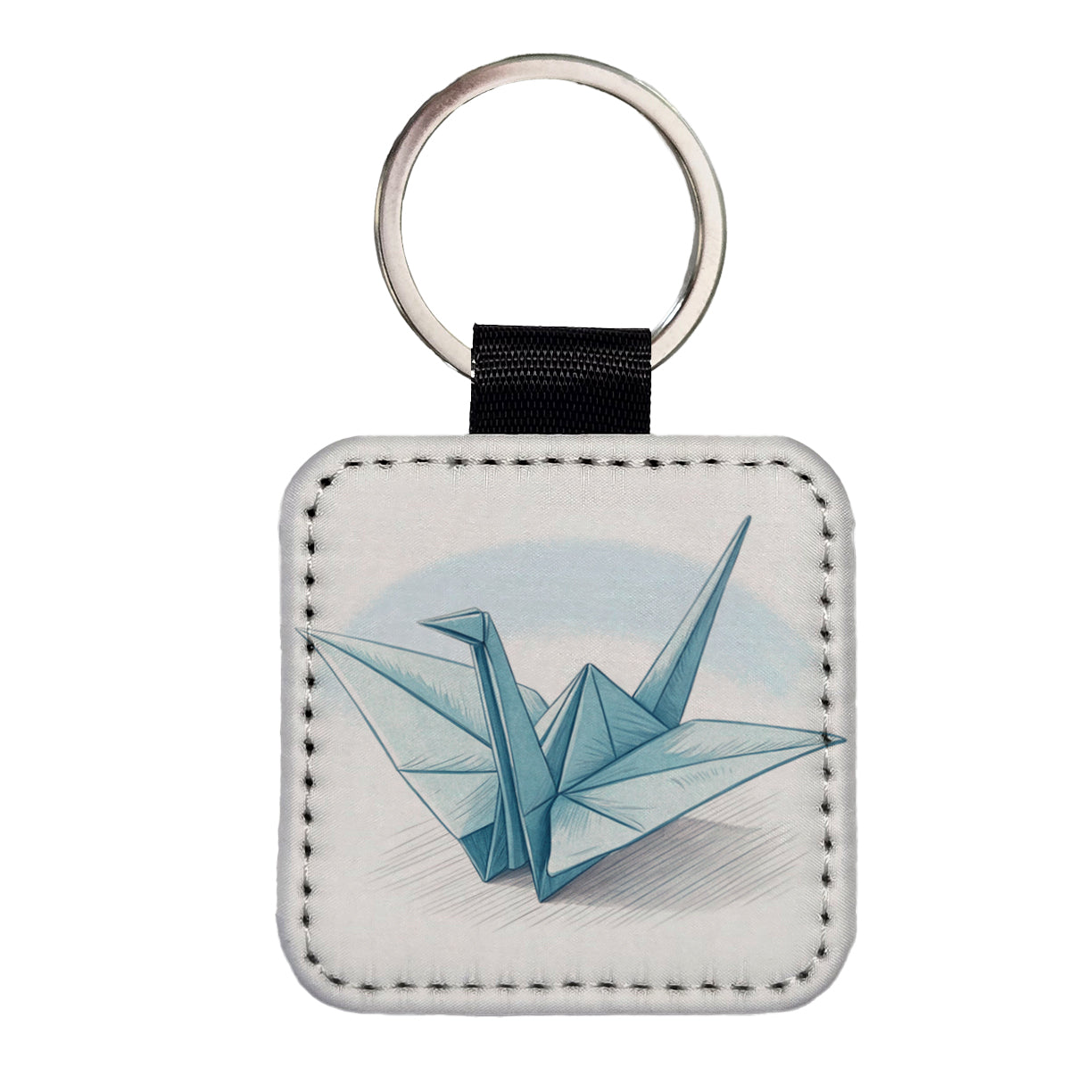 Origami Illustration Paper Crane Square Faux Leather Keychain