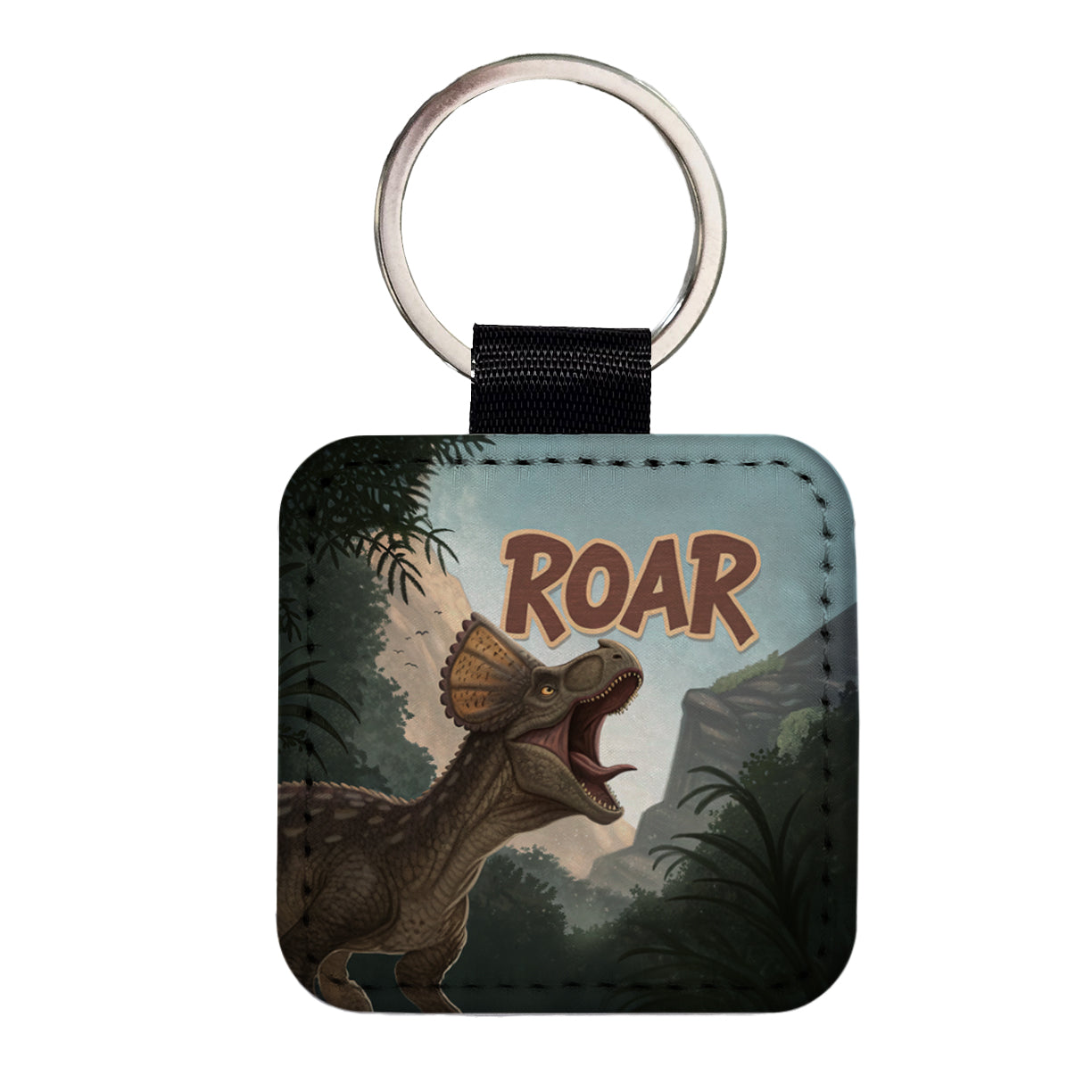 Pachycephalosaurus Roar Bold Dinosaur Square Faux Leather Keychain
