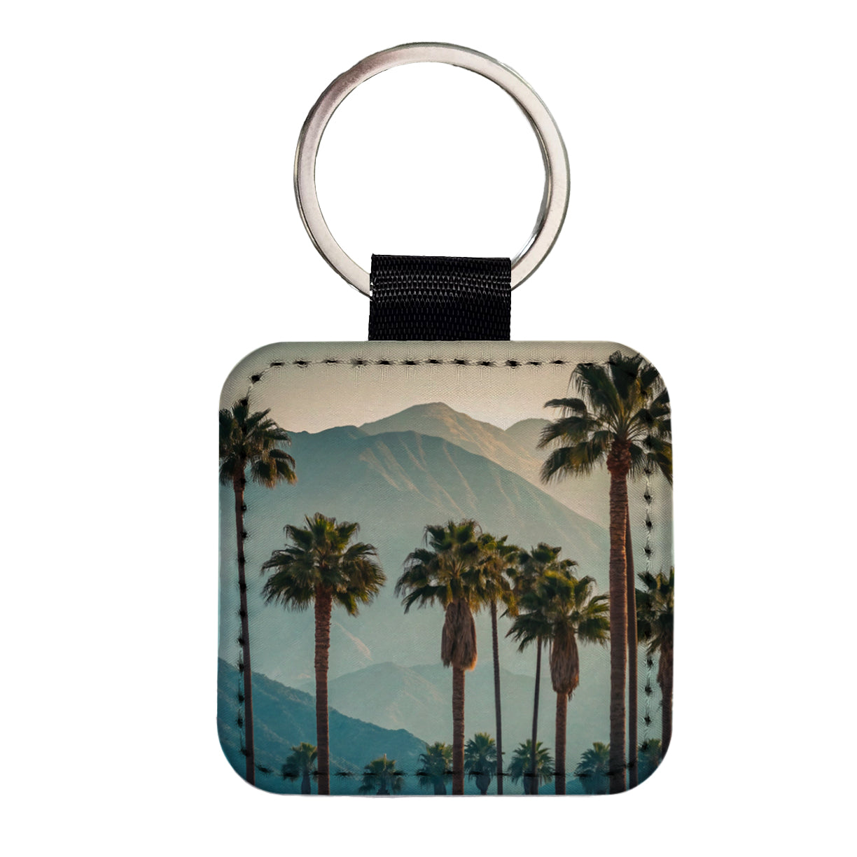 Palm Trees And Mountains Square Faux Leather Keychain