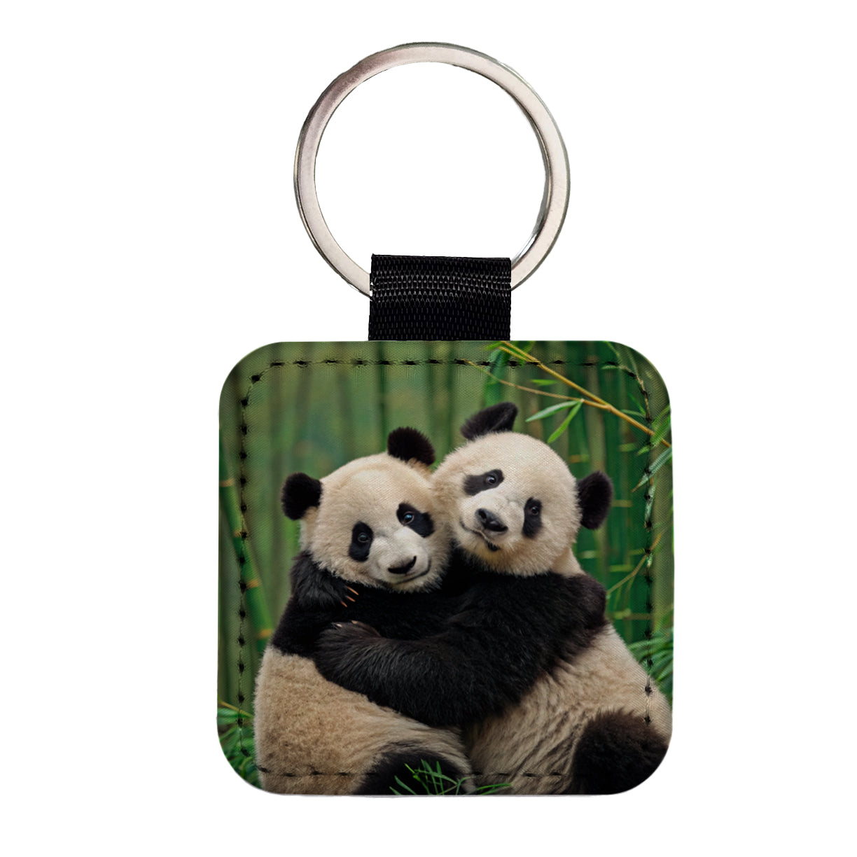 Pandas Hugging Love Square Faux Leather Keychain