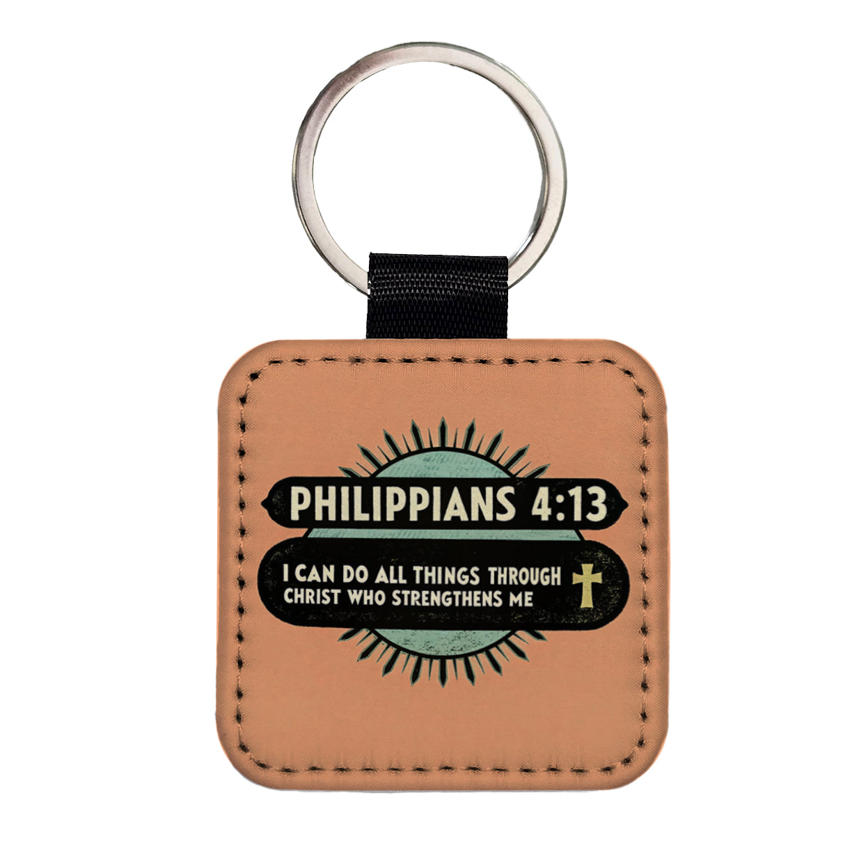 Philippians I Can Do All Things Through Christ Bible Christian Square Faux Leather Keychain