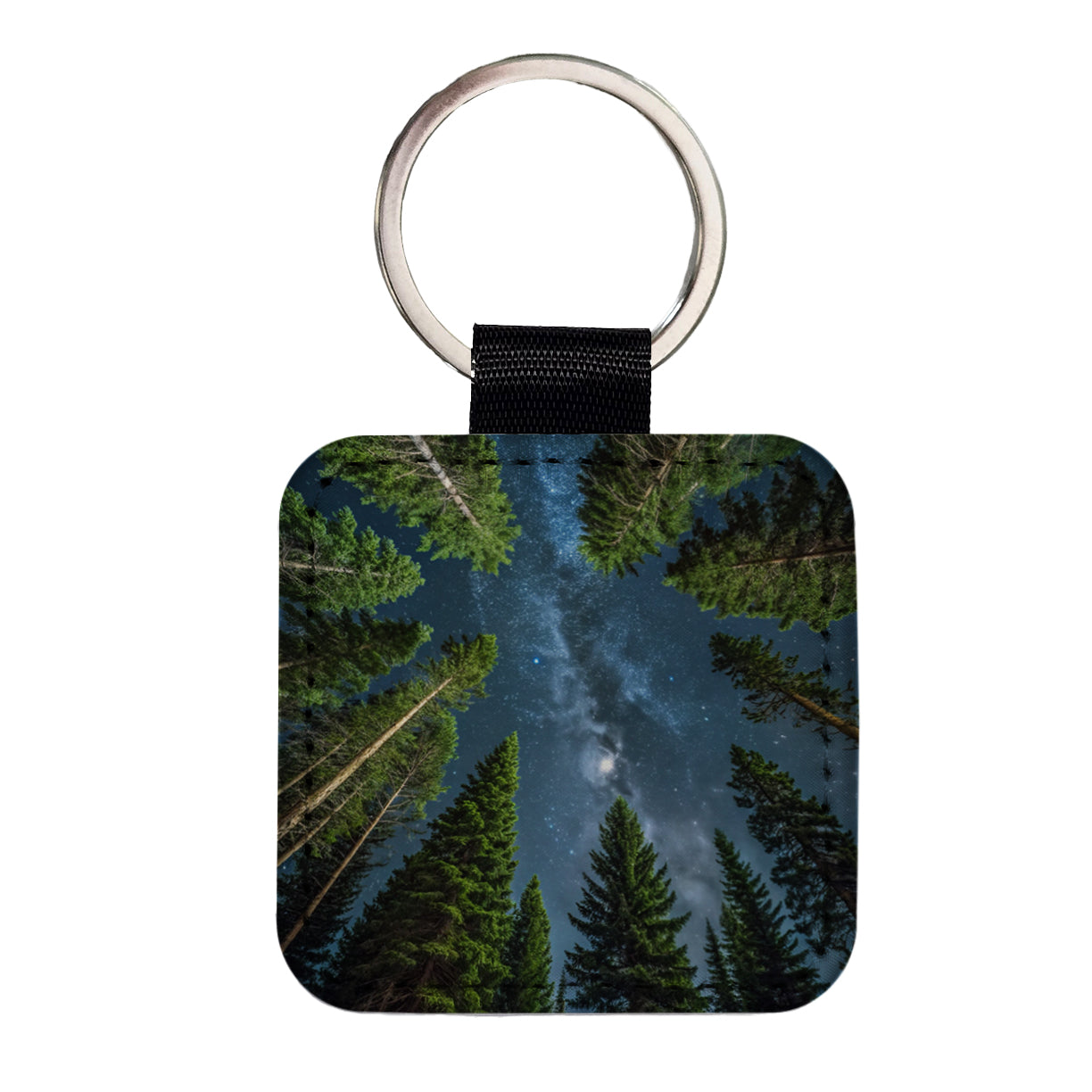 Pine Trees Looking Up Star Packed Sky Square Faux Leather Keychain