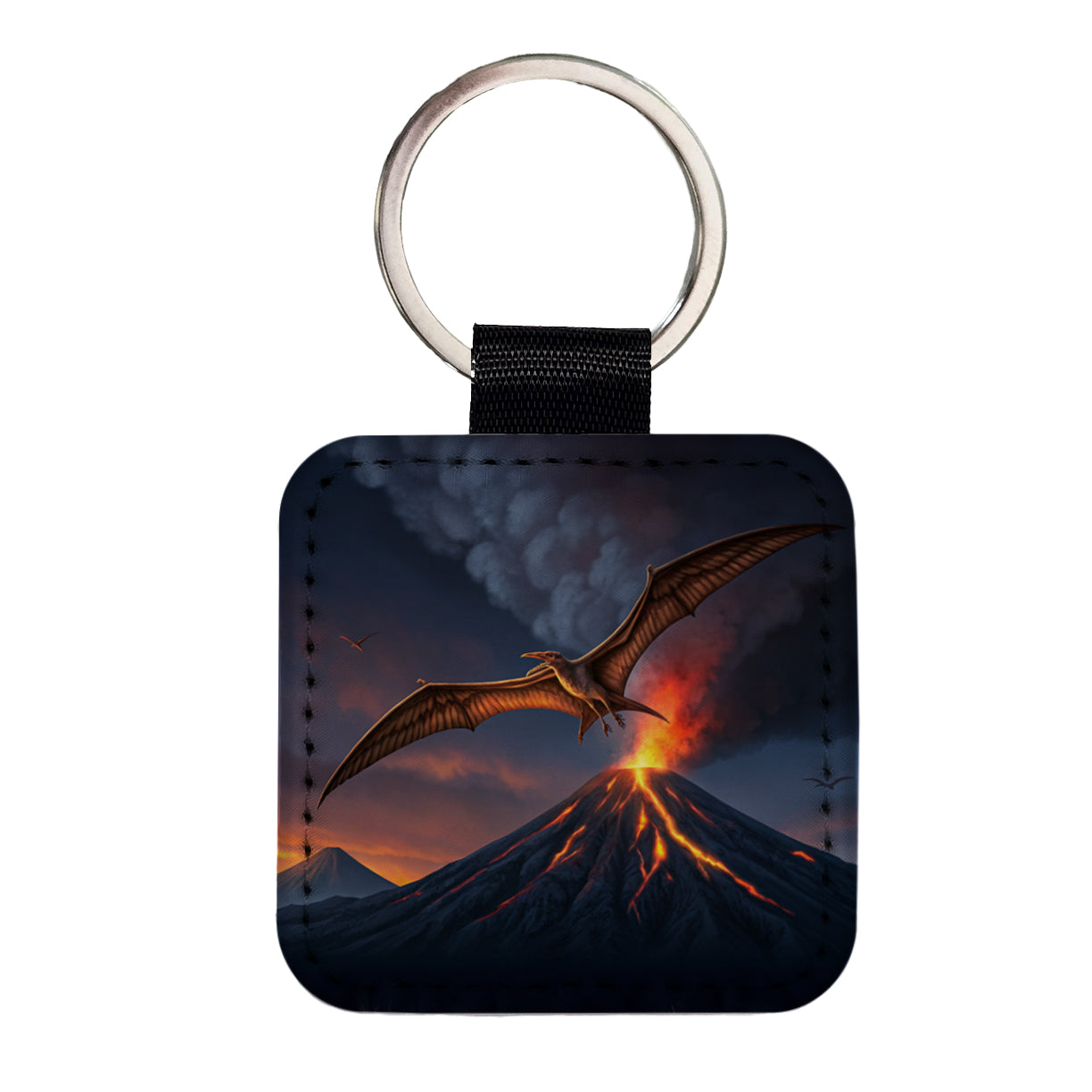 Pterodactylus Volcano Erupting Dinosaur Square Faux Leather Keychain