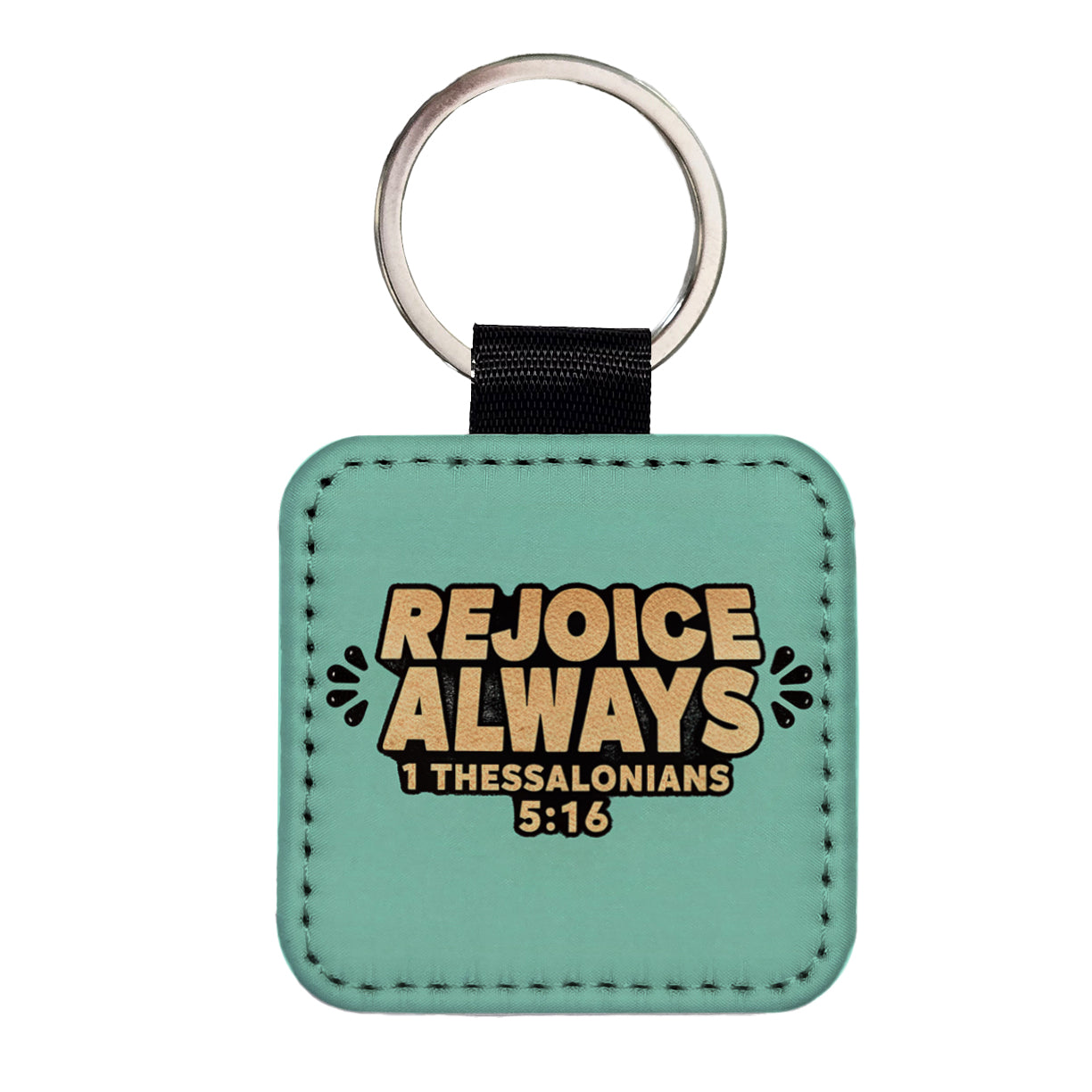 Rejoice Always Bible Verse Square Faux Leather Keychain