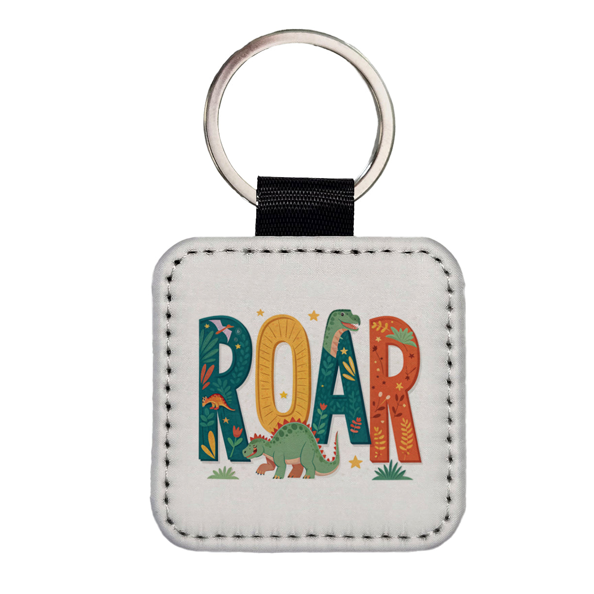 Roar Bold Colorful Dinosaurs Cute Square Faux Leather Keychain