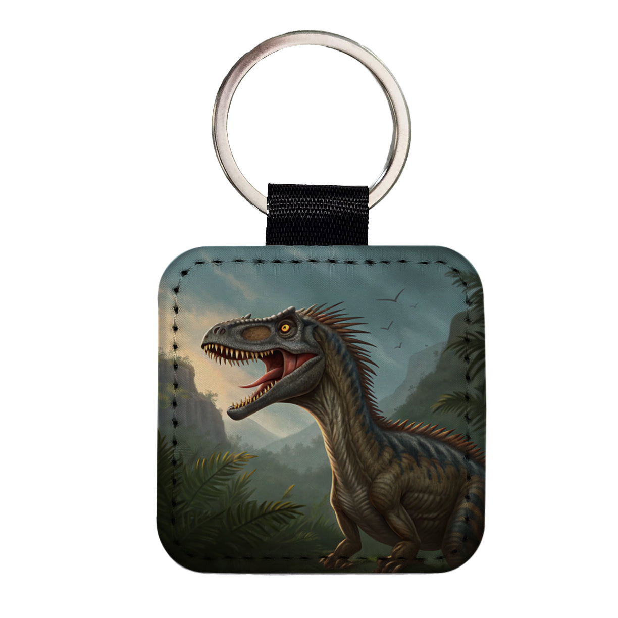 Roaring Eoraptor Dinosaur Square Faux Leather Keychain