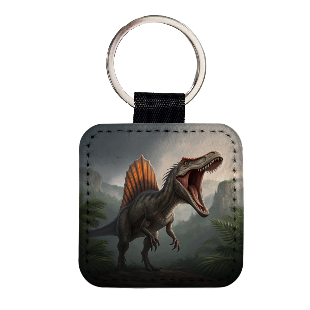 Roaring Spinosaurus Dinosaur Scary Square Faux Leather Keychain