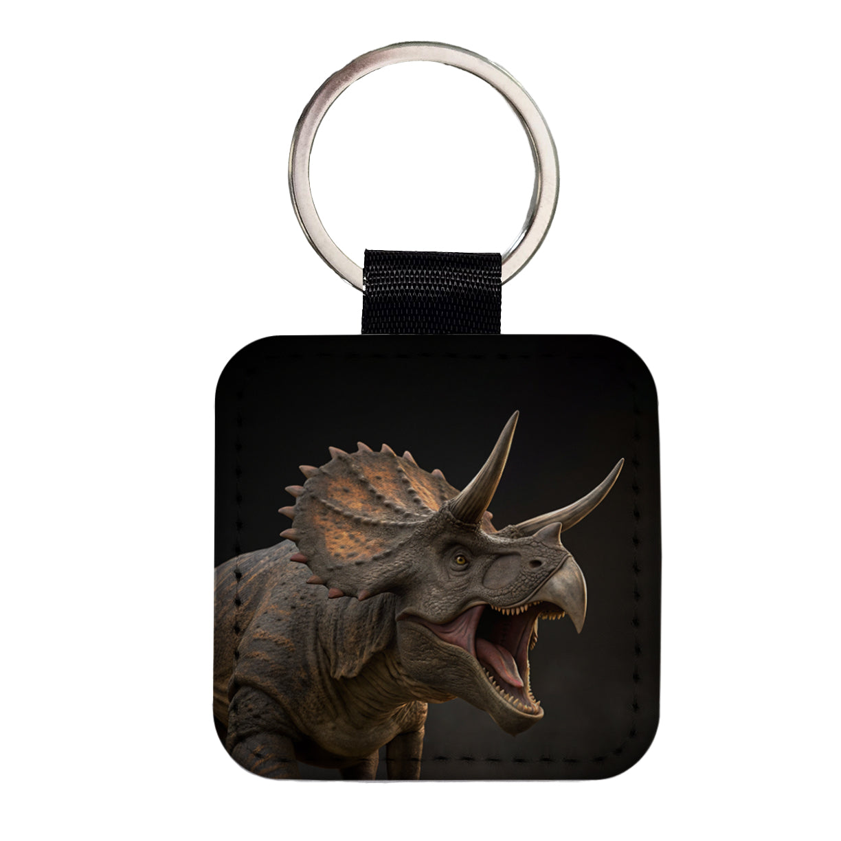 Roaring Triceratops Dinosaur Realistic Square Faux Leather Keychain