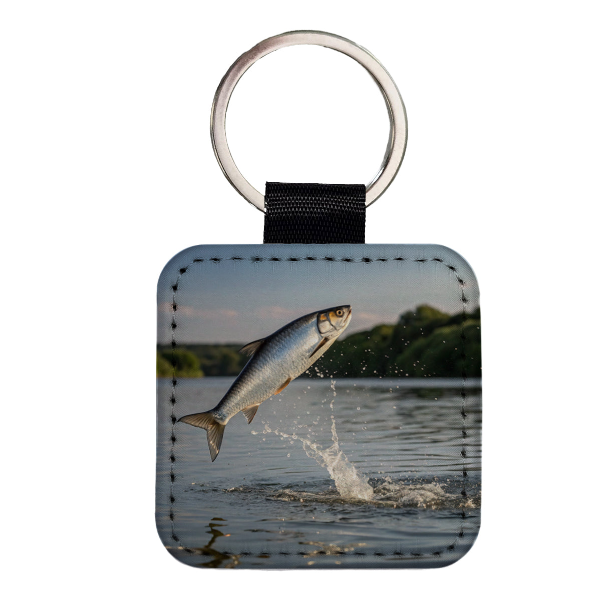 Shad Fish Jumping Fishing Square Faux Leather Keychain