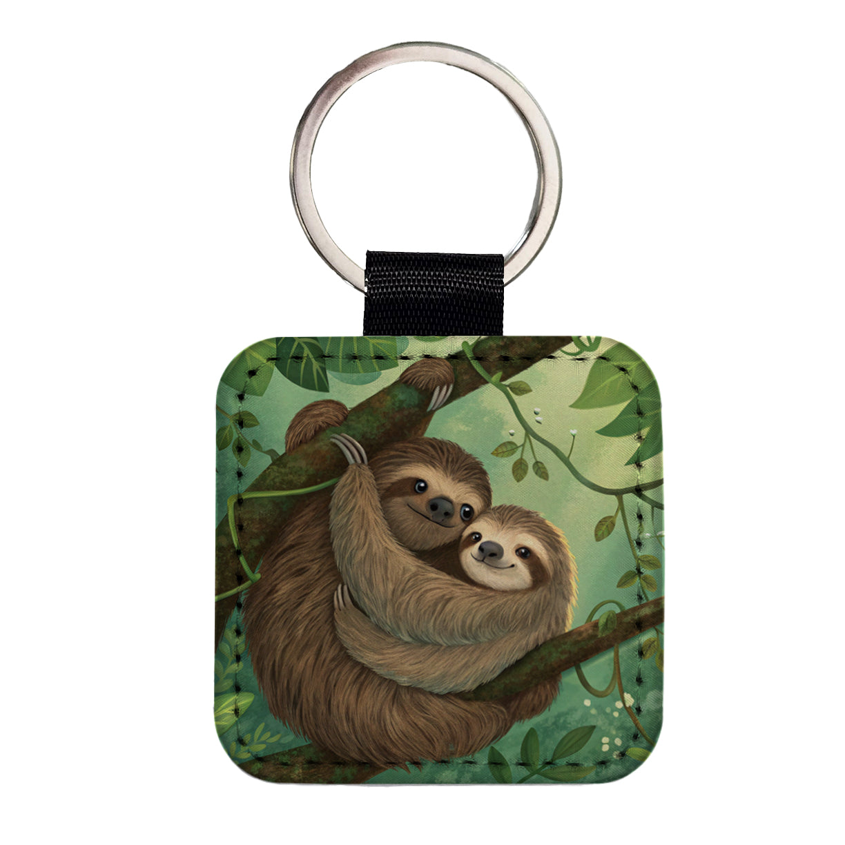 Sloths Hugging Love Square Faux Leather Keychain