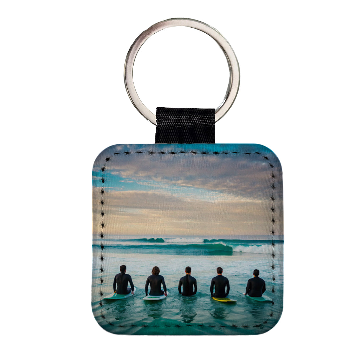 Surfing Surfers Surfboards Lineup Ocean Square Faux Leather Keychain