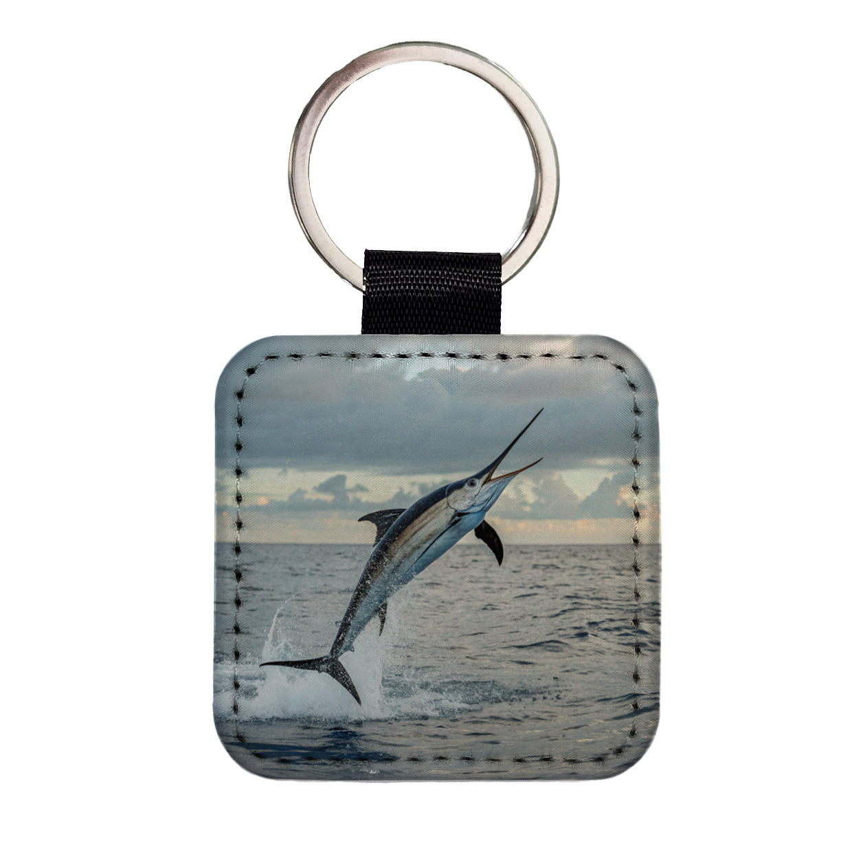 Swordfish Jumping Fishing Square Faux Leather Keychain