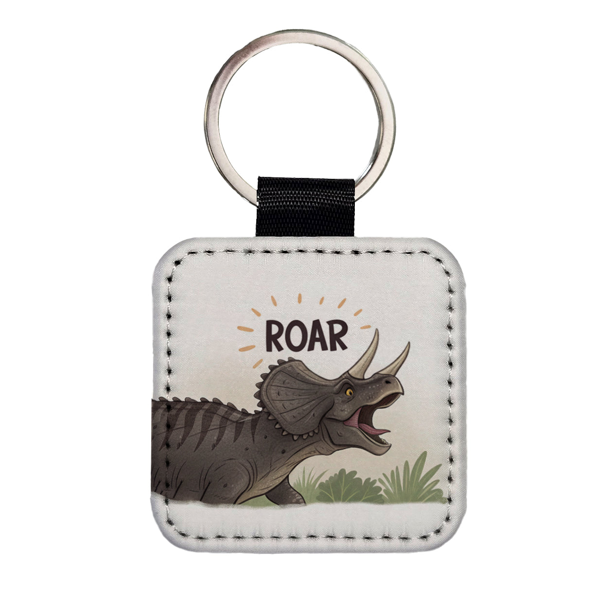 Triceratops Roar Dinosaur Square Faux Leather Keychain