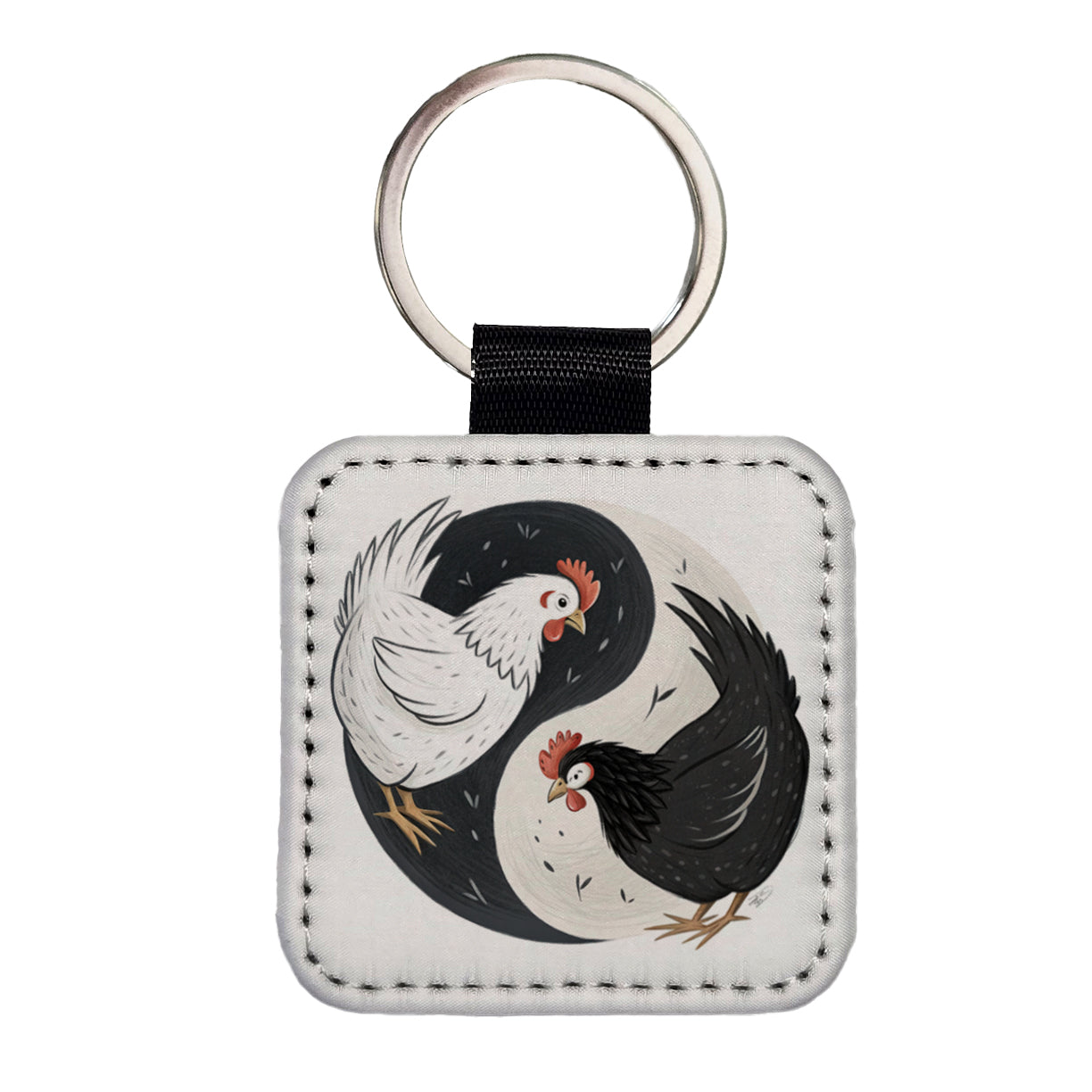 Two Chickens Yin Yang White Black Square Faux Leather Keychain