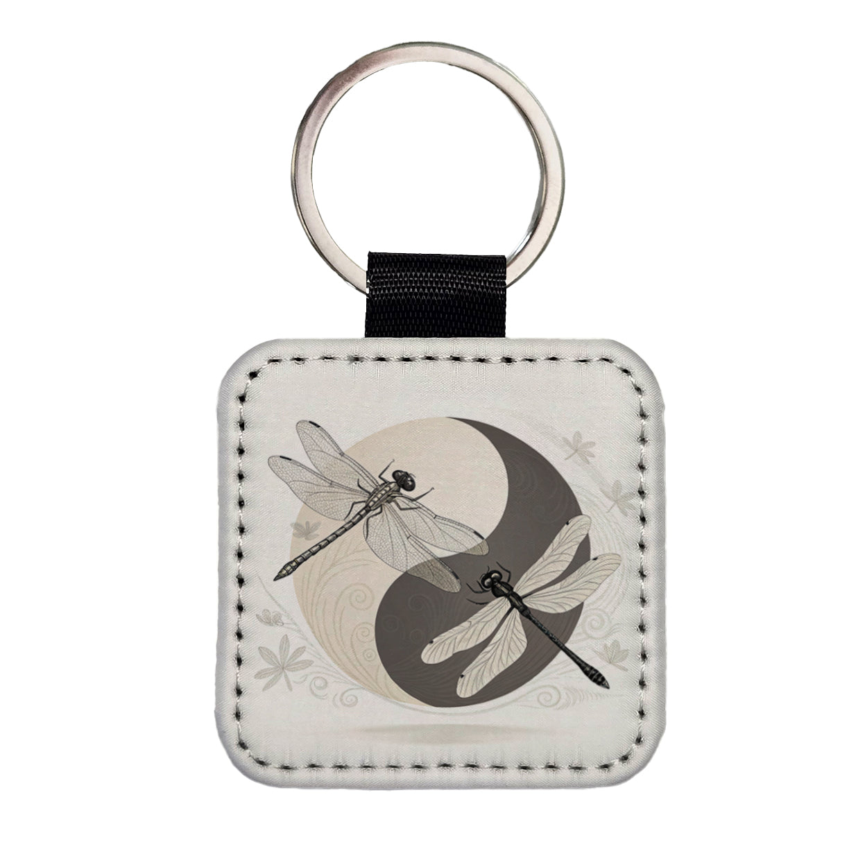 Two Dragonflies Yin Yang Square Faux Leather Keychain