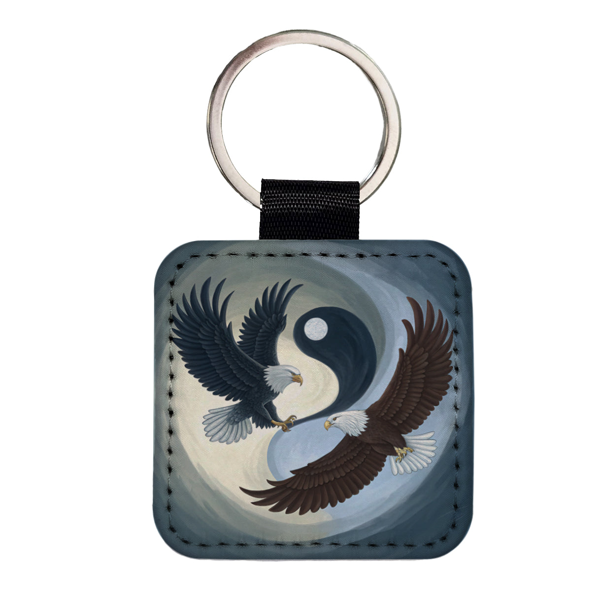 Two Eagles Yin Yang Square Faux Leather Keychain