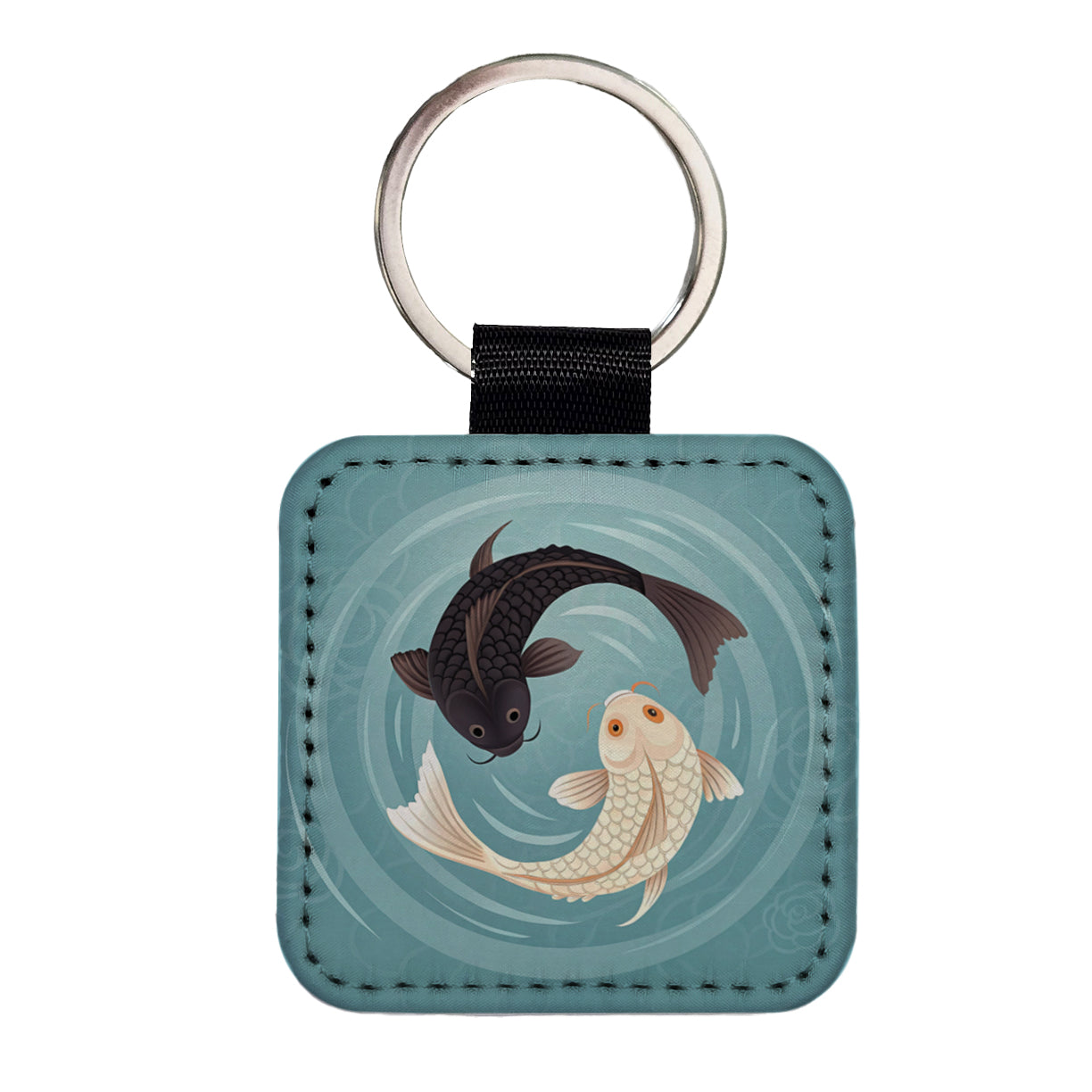 Two Koi Yin Yang Square Faux Leather Keychain