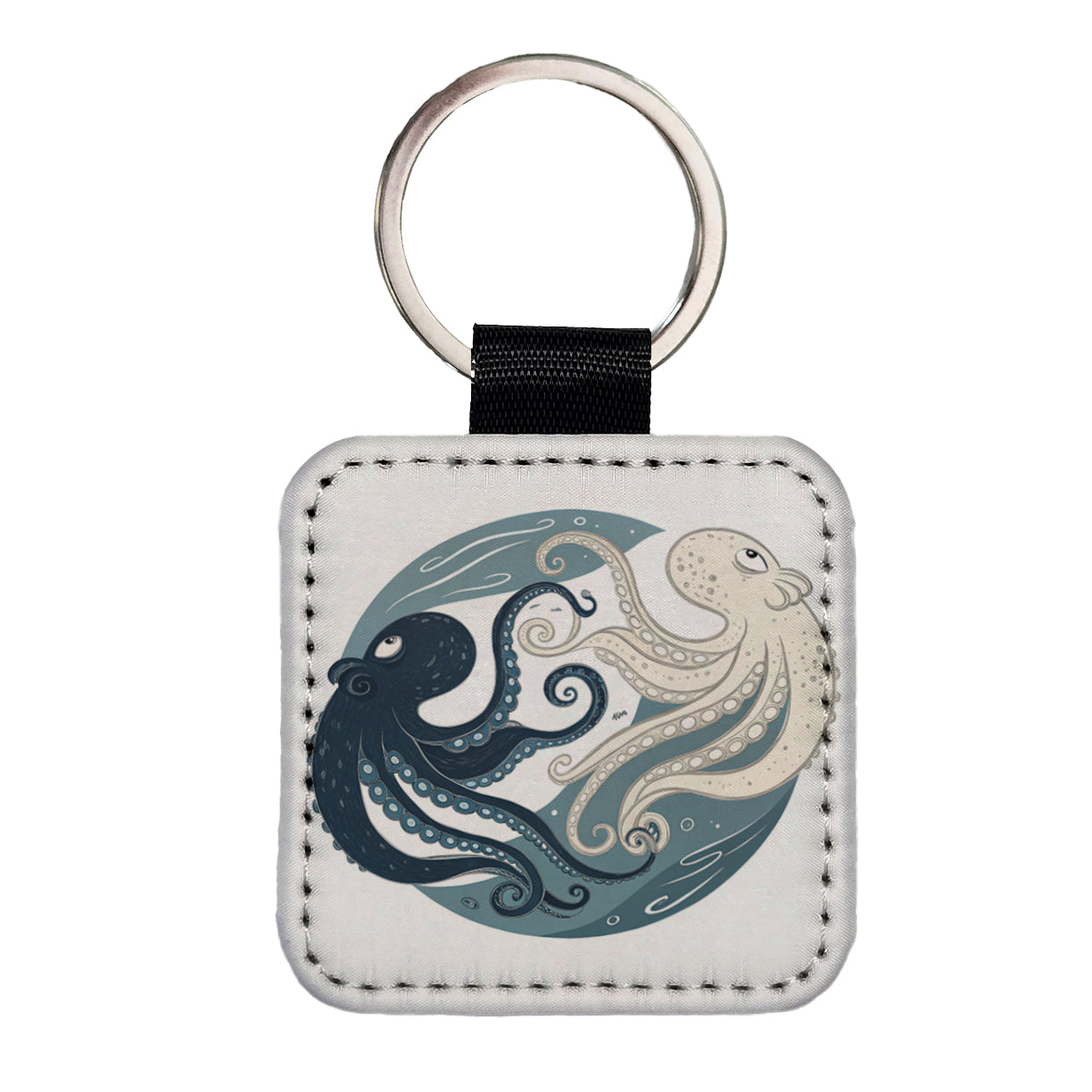 Two Octopus Yin Yang Square Faux Leather Keychain