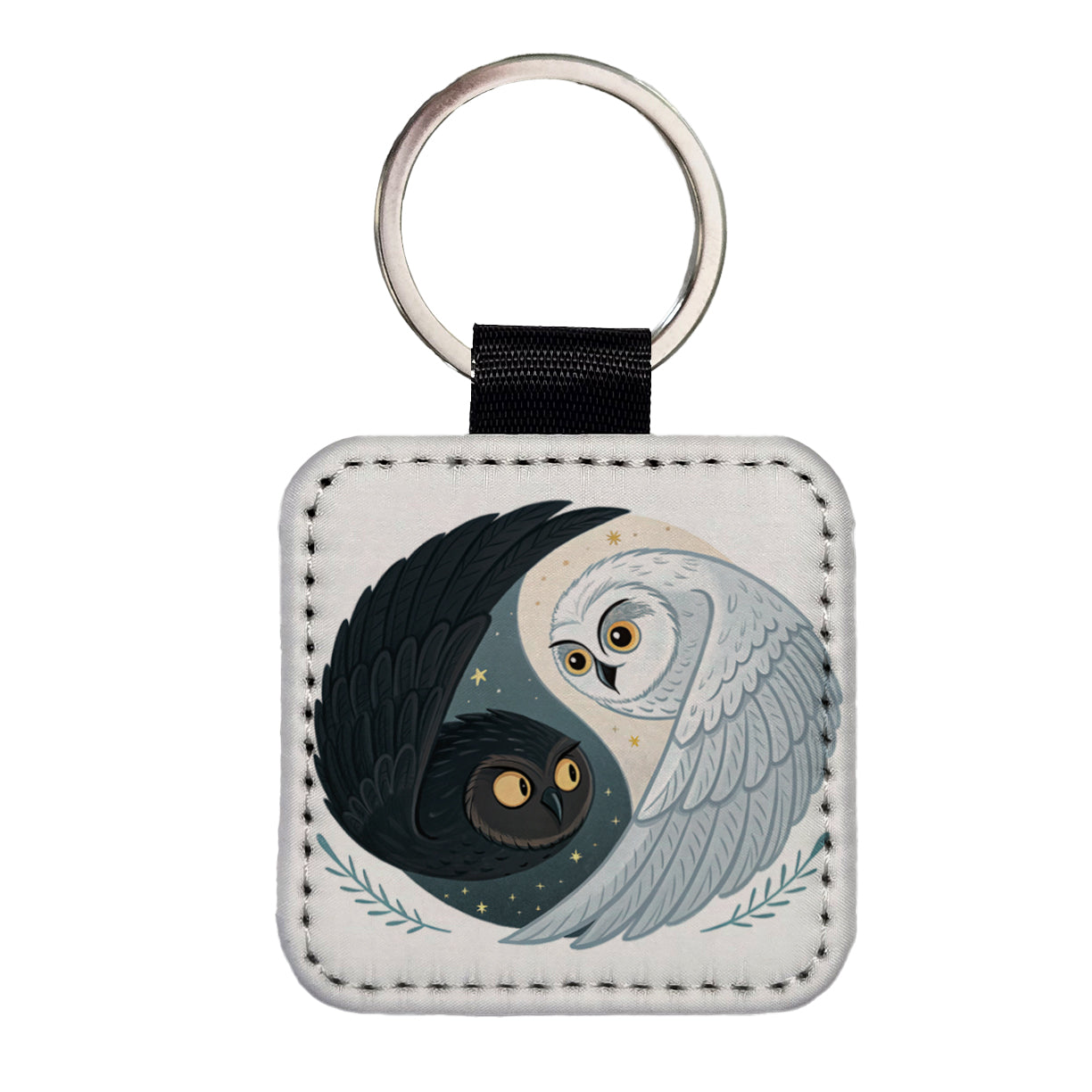 Two Owls Yin Yang Black White Square Faux Leather Keychain