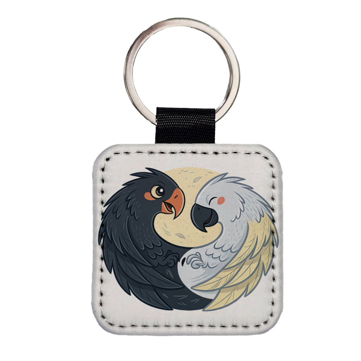 Two Parrots Yin Yang Square Faux Leather Keychain