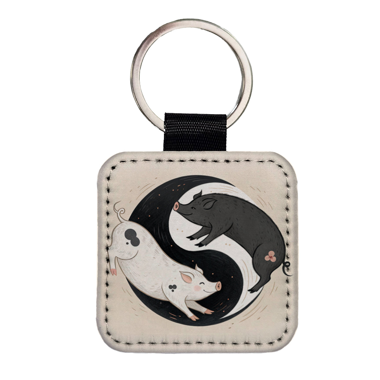 Two Pigs Yin Yang Cute Square Faux Leather Keychain