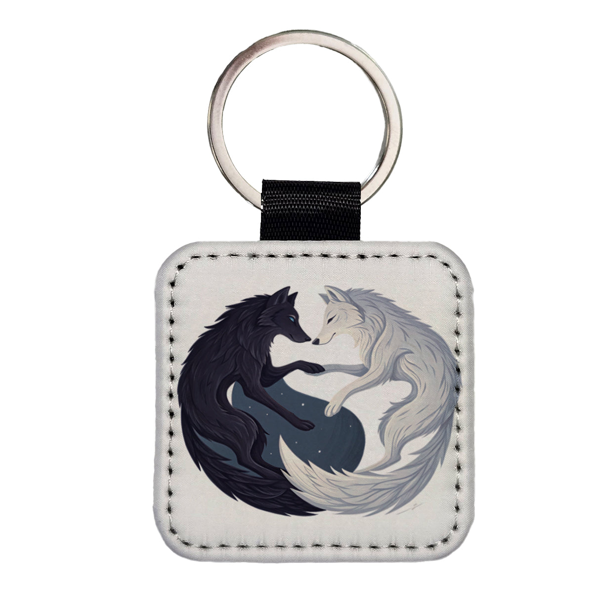 Two Wolves Yin Yang Black White Square Faux Leather Keychain