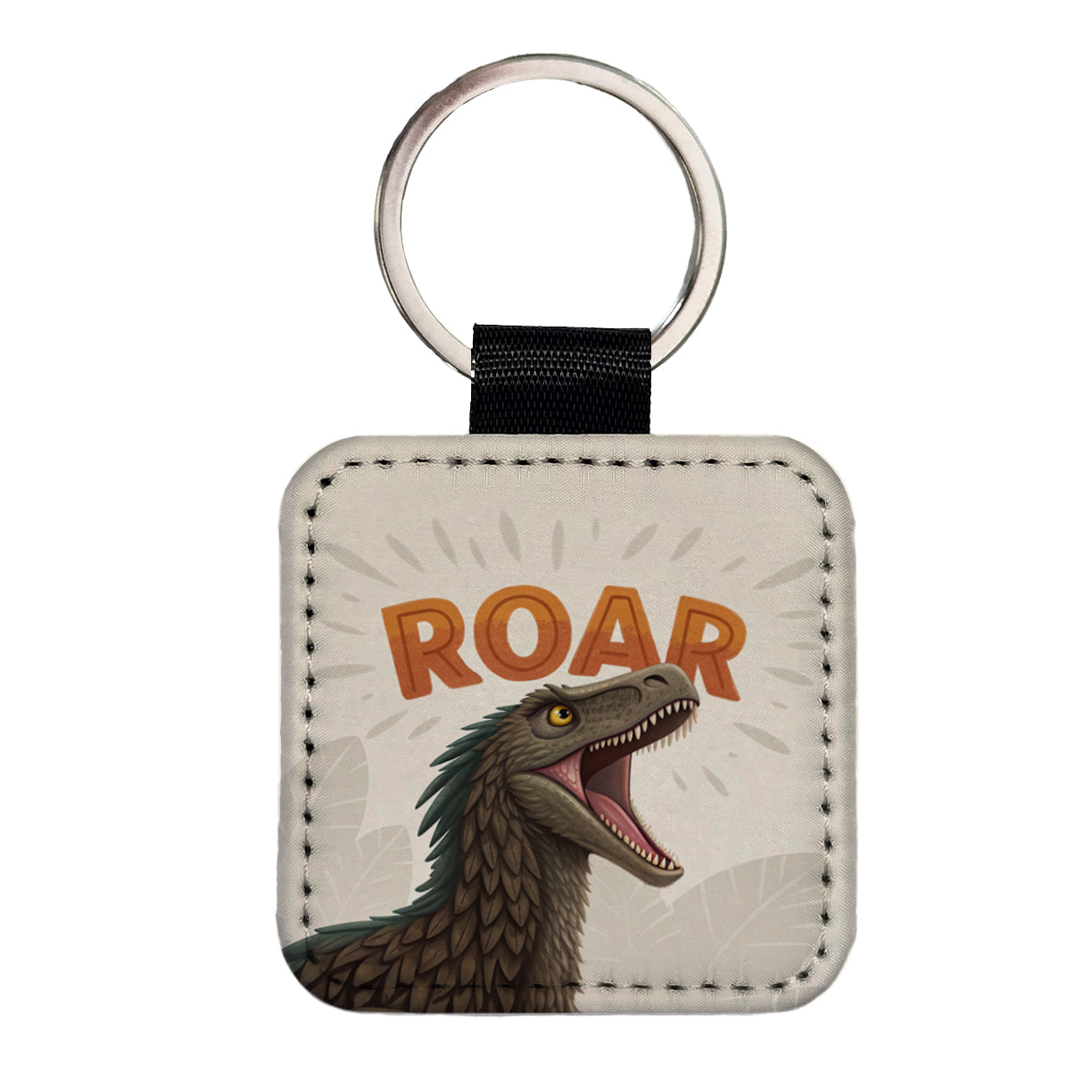 Velociraptor Roar Bold Dinosaur Square Faux Leather Keychain