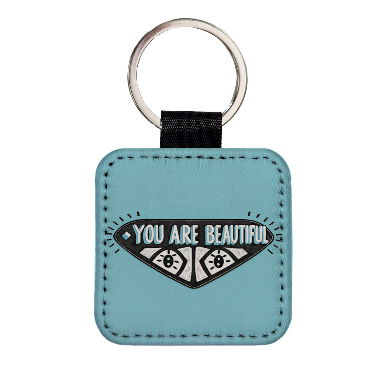 You Are Beautiful Blue Square Faux Leather Keychain