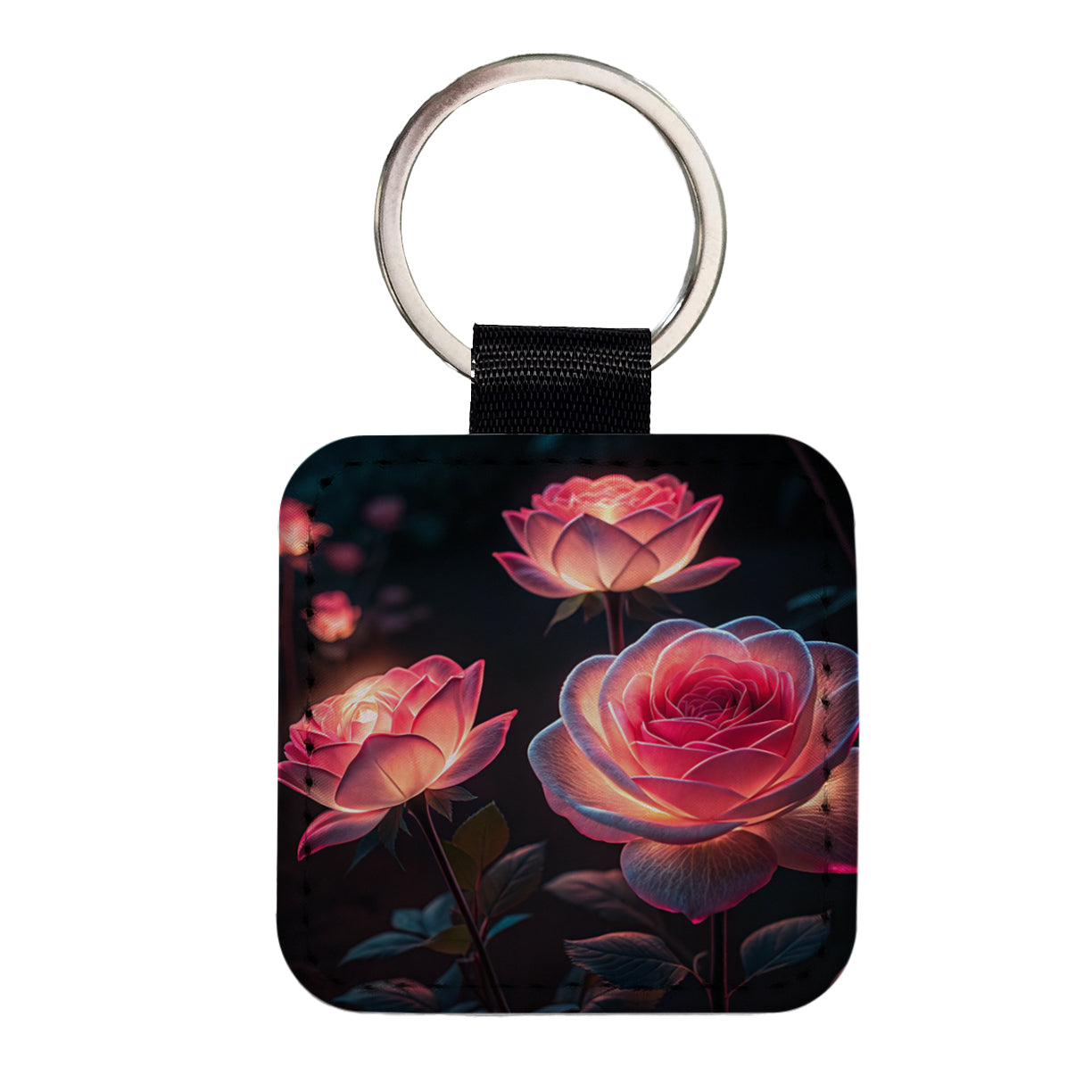 Glowing Pink Roses Beautiful Flowers Square Faux Leather Keychain