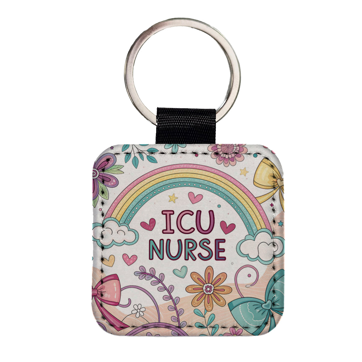 ICU Nurse Appreciation Coquette Bows Flowers Square Faux Leather Keychain