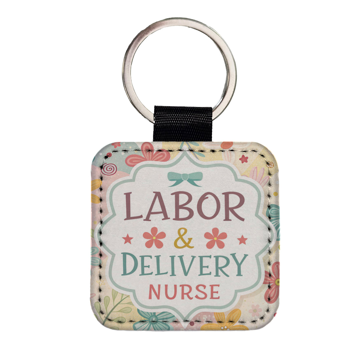 Labor & Delivery Nurse Appreciation Coquette Bows Flowers Square Faux Leather Keychain