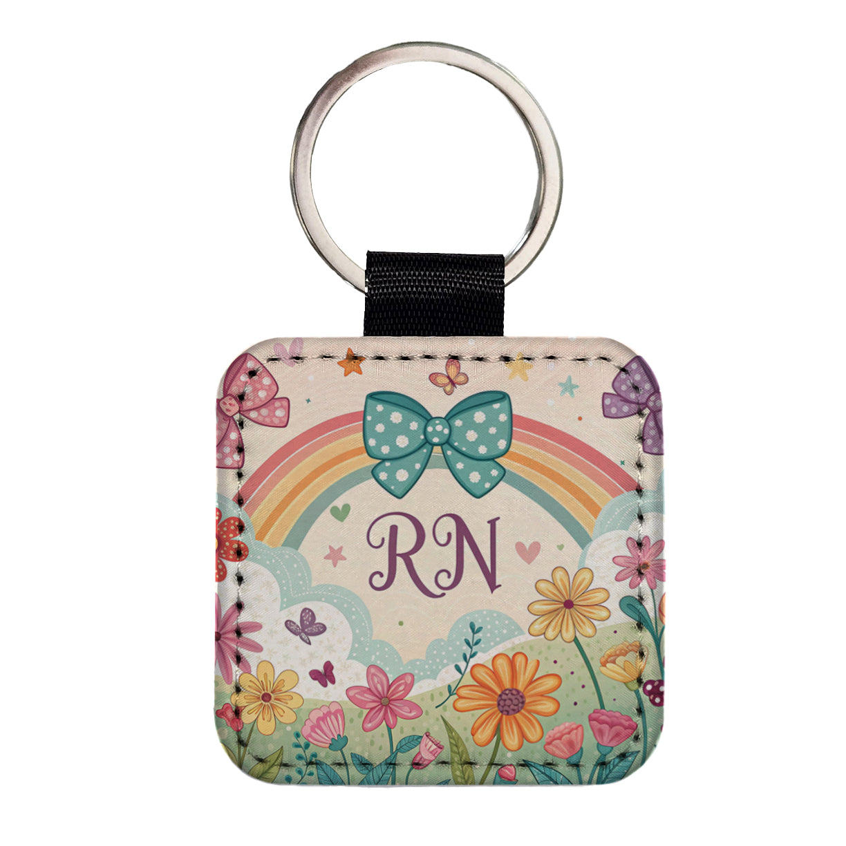 RN Registered Nurse Appreciation Coquette Bows Flowers Square Faux Leather Keychain