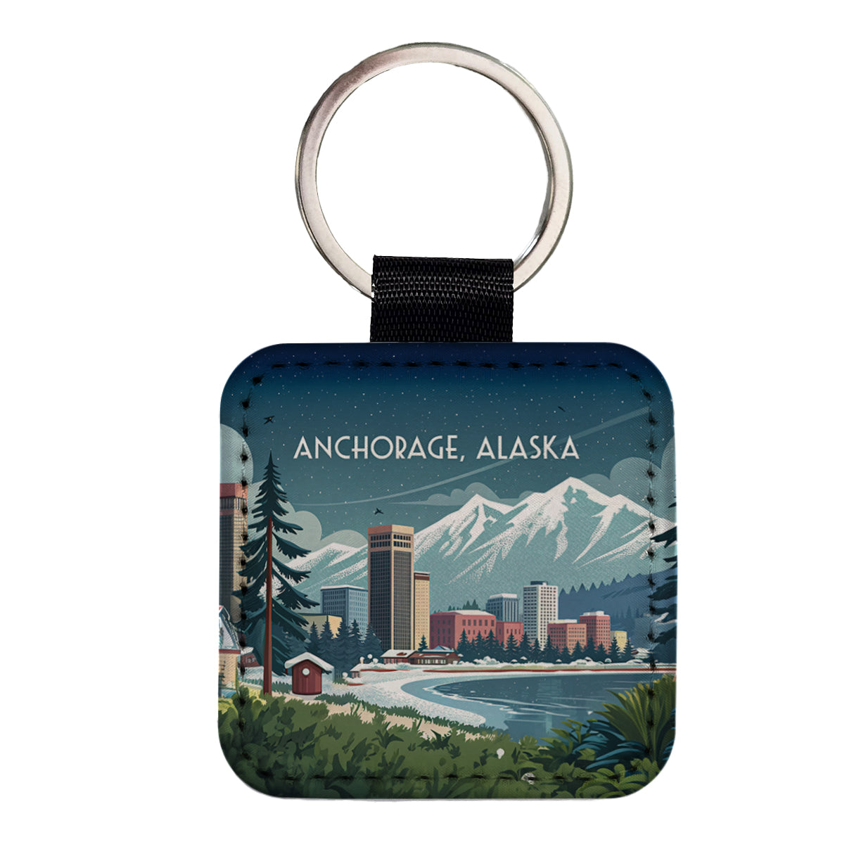 Anchorage, Alaska AK Travel City State Stamp Square Faux Leather Keychain